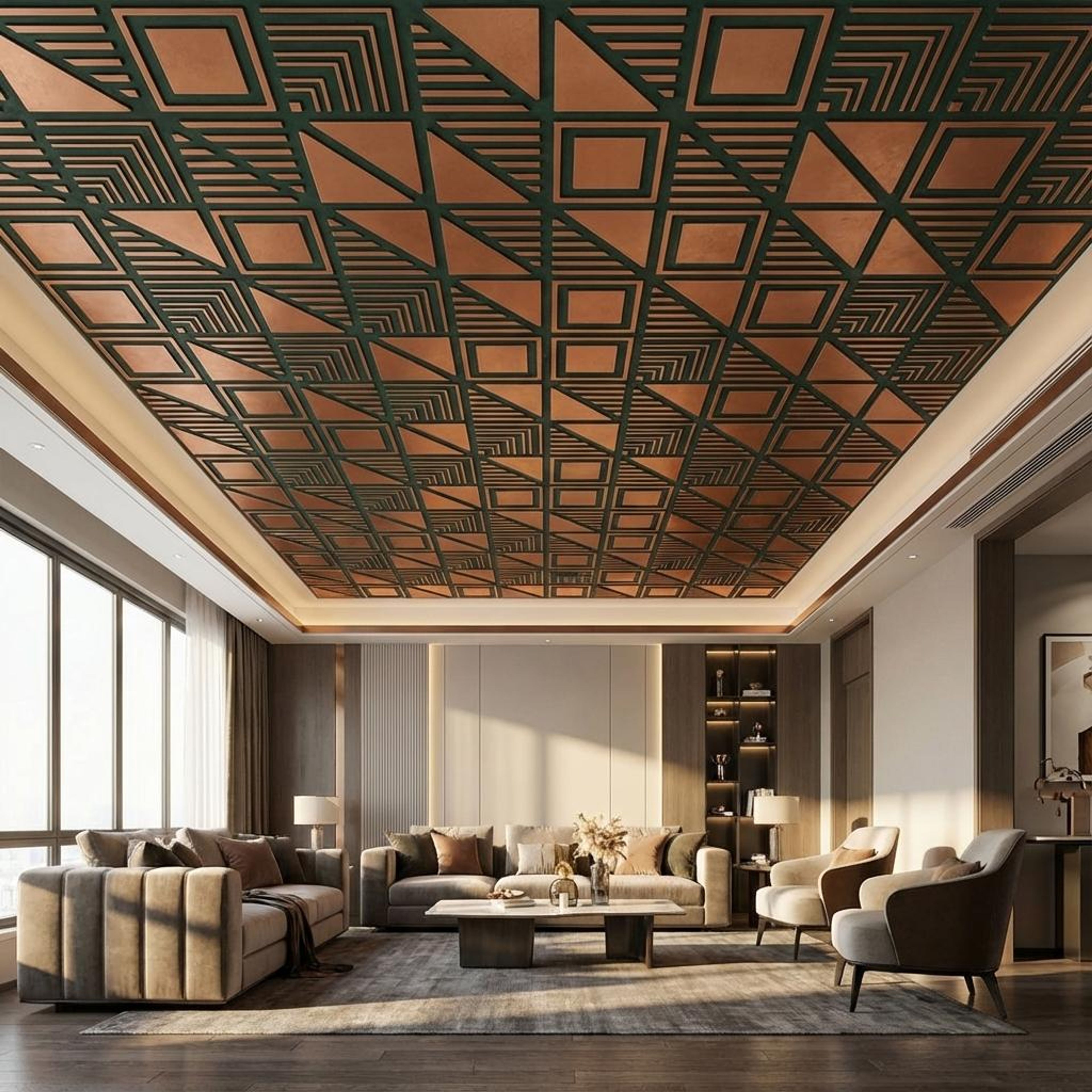 Regal Royal Green - Greek Geometric - Green, Black - Decorative Ceiling Panel - 2 ft x 2 ft