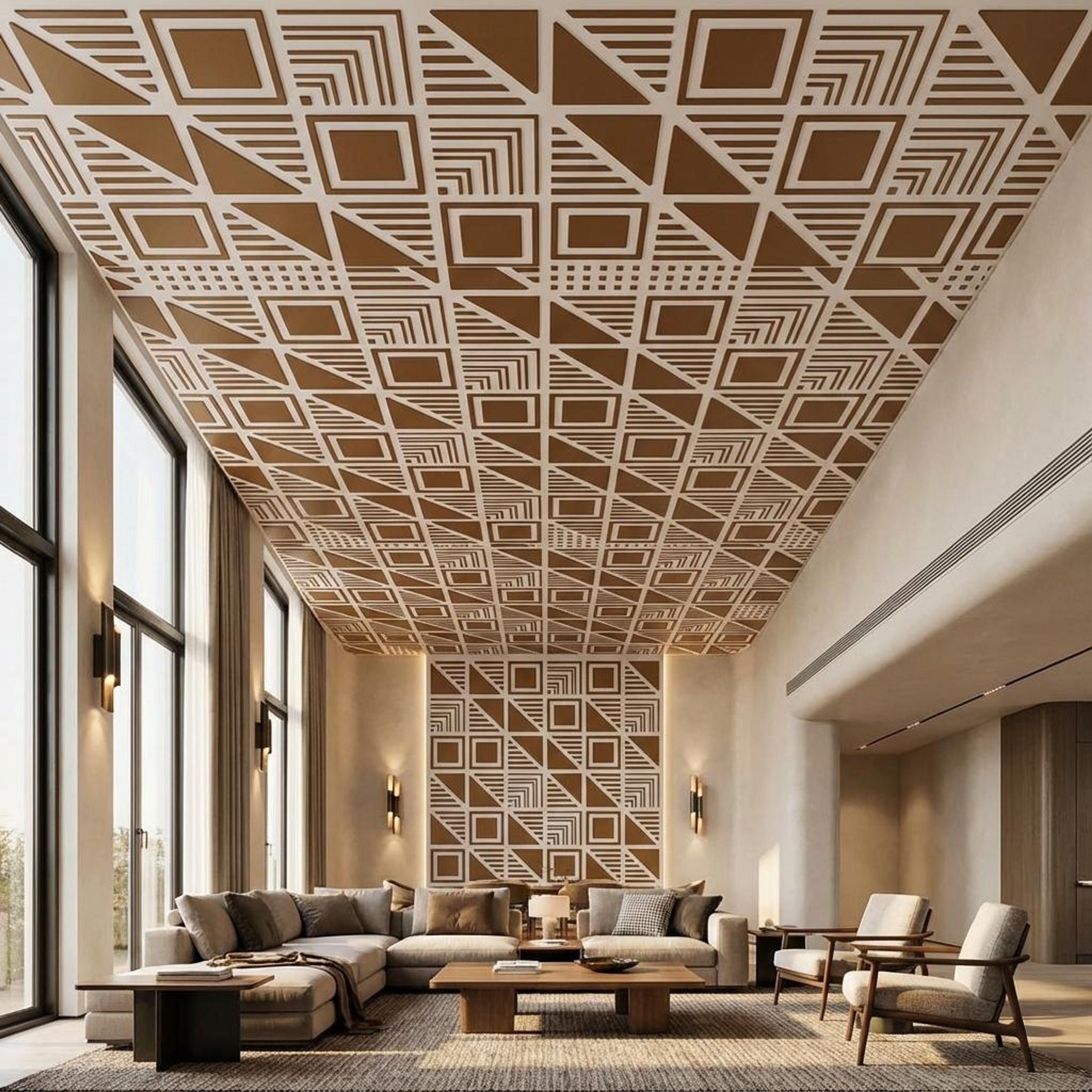 Gold Antique White - Greek Geometric - Gold, Brown - Decorative Ceiling Panel - 2 ft x 2 ft