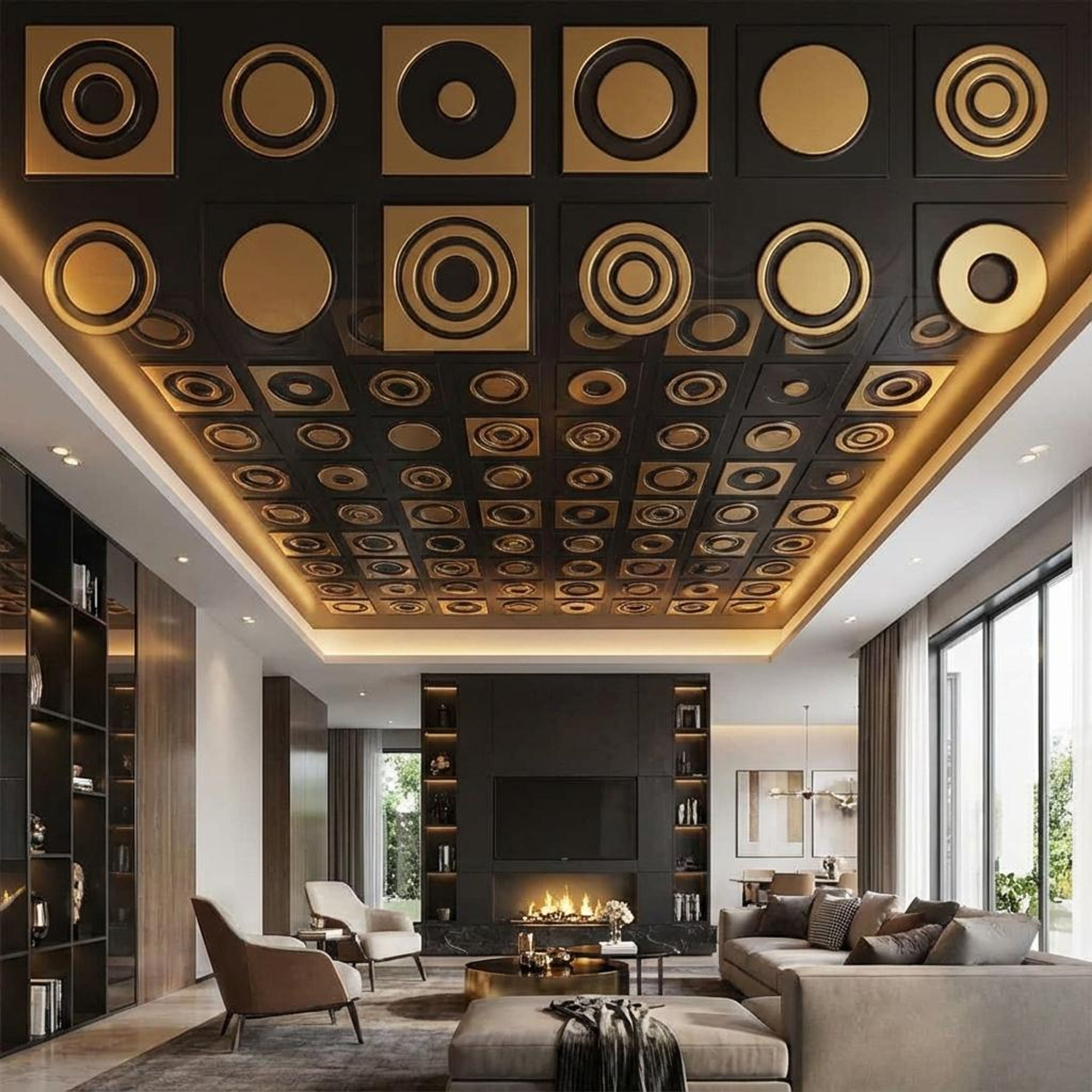 Antique Gold Brushed - Greek Geometric - Gold, Brown - Decorative Ceiling Panel - 2 ft x 2 ft