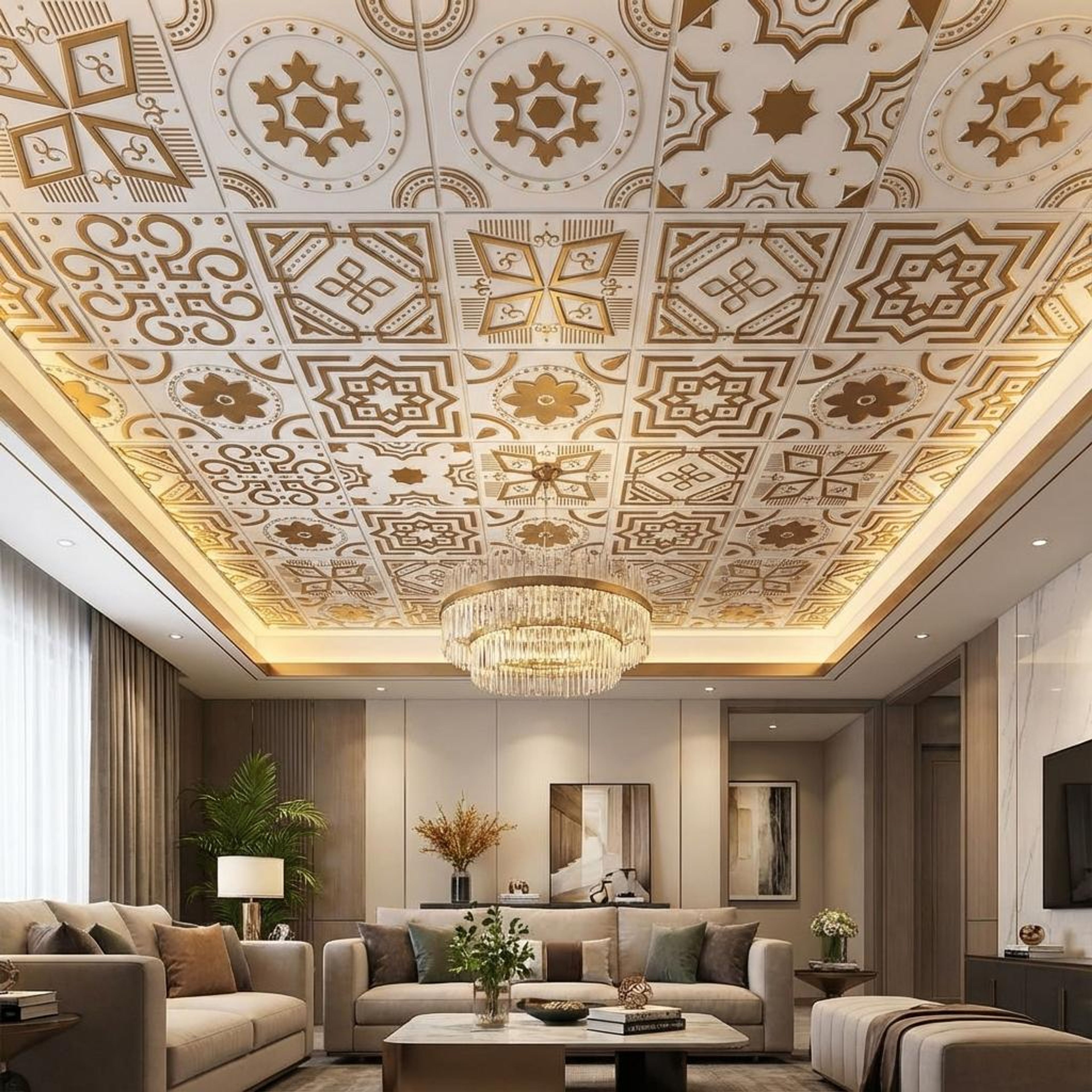 Bronze Antique White - Persian Motifs - White, Beige - Decorative Ceiling Panel - 2 ft x 2 ft