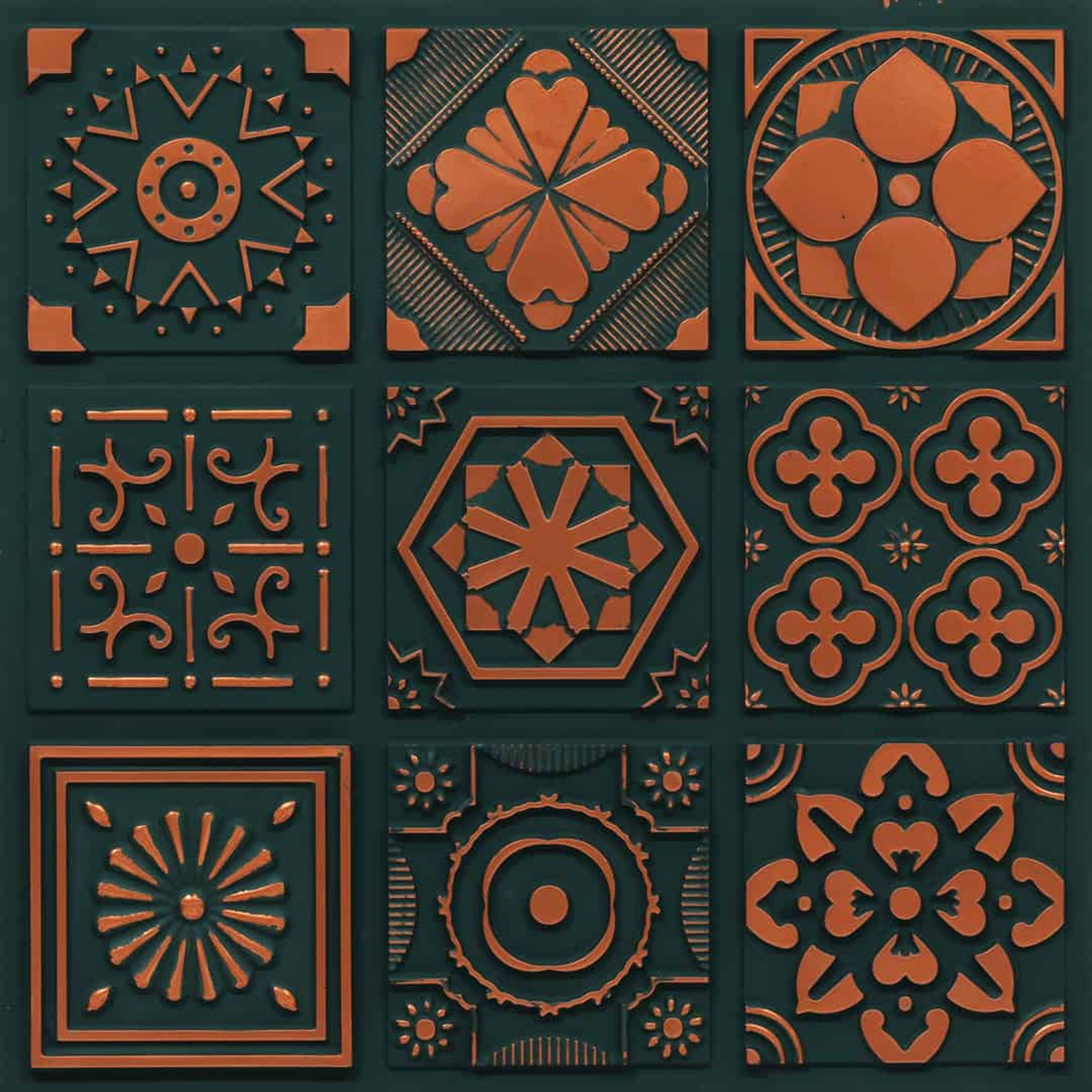 Shimmer Royal Green - Persian Motifs - Green, Black - Decorative Ceiling Panel - 2 ft x 2 ft