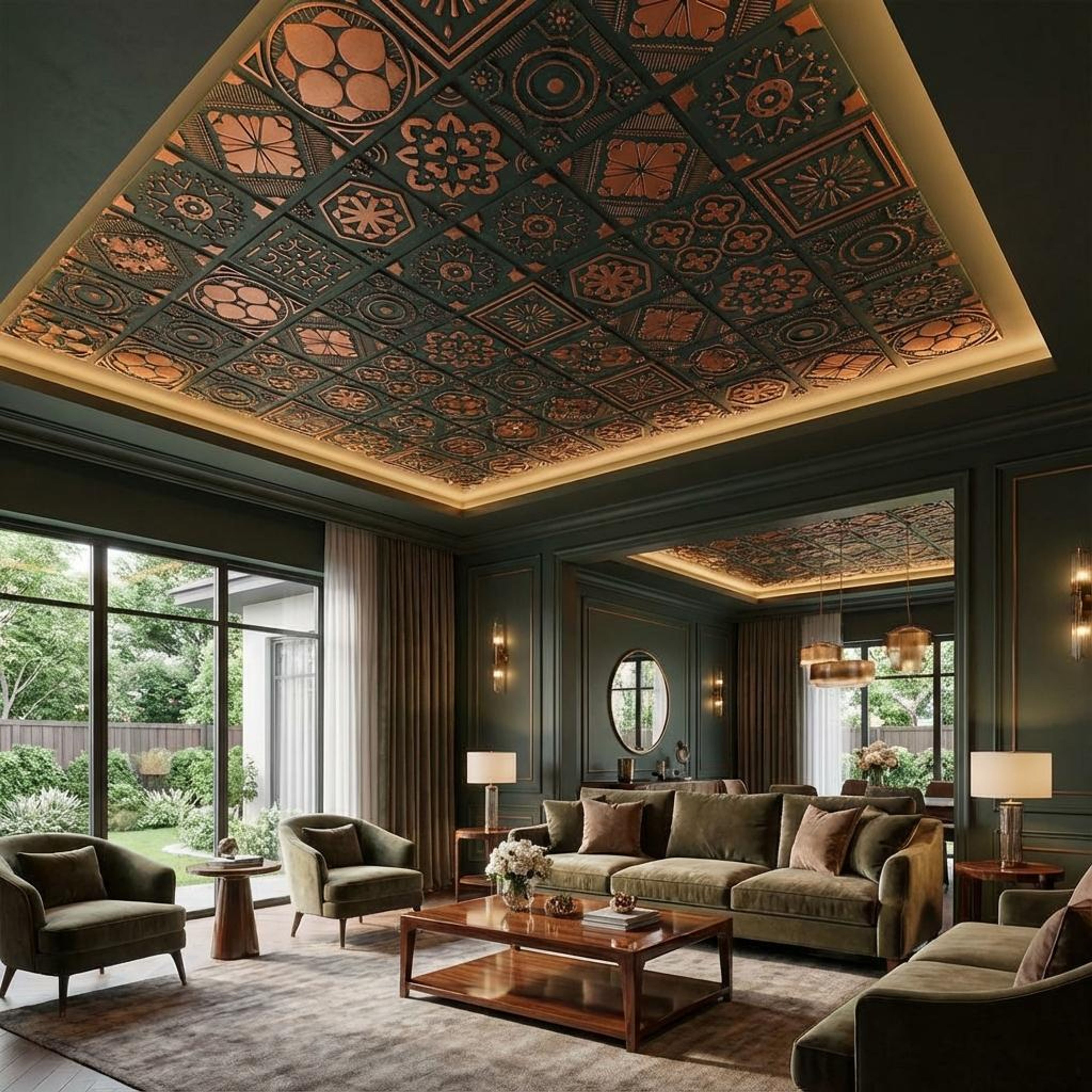 Shimmer Royal Green - Persian Motifs - Green, Black - Decorative Ceiling Panel - 2 ft x 2 ft