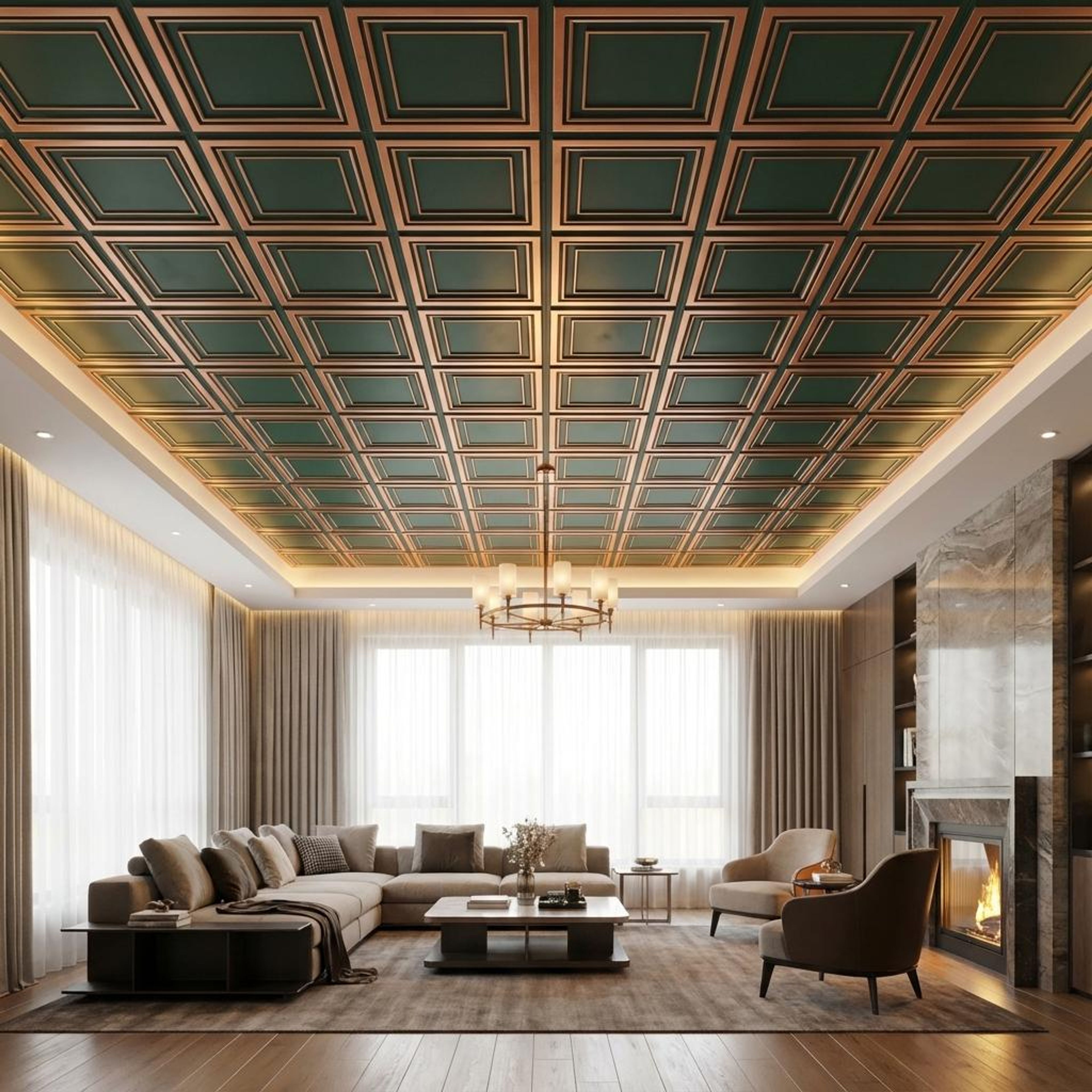 Sparkle Royal Green - Greek Geometric - Green, Black - Decorative Ceiling Panel - 2 ft x 2 ft