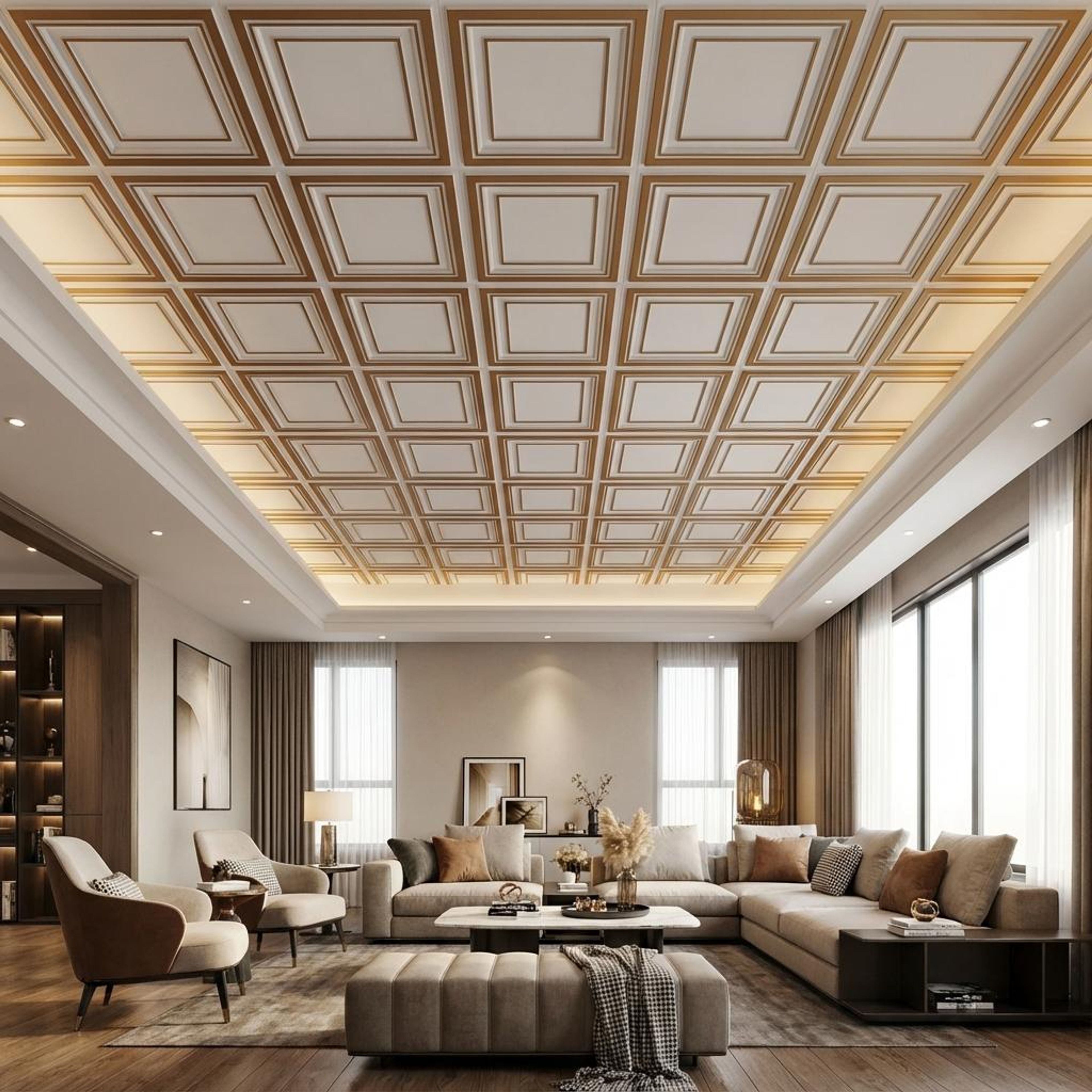 Gleam Antique White - Greek Geometric - White, Beige - Decorative Ceiling Panel - 2 ft x 2 ft