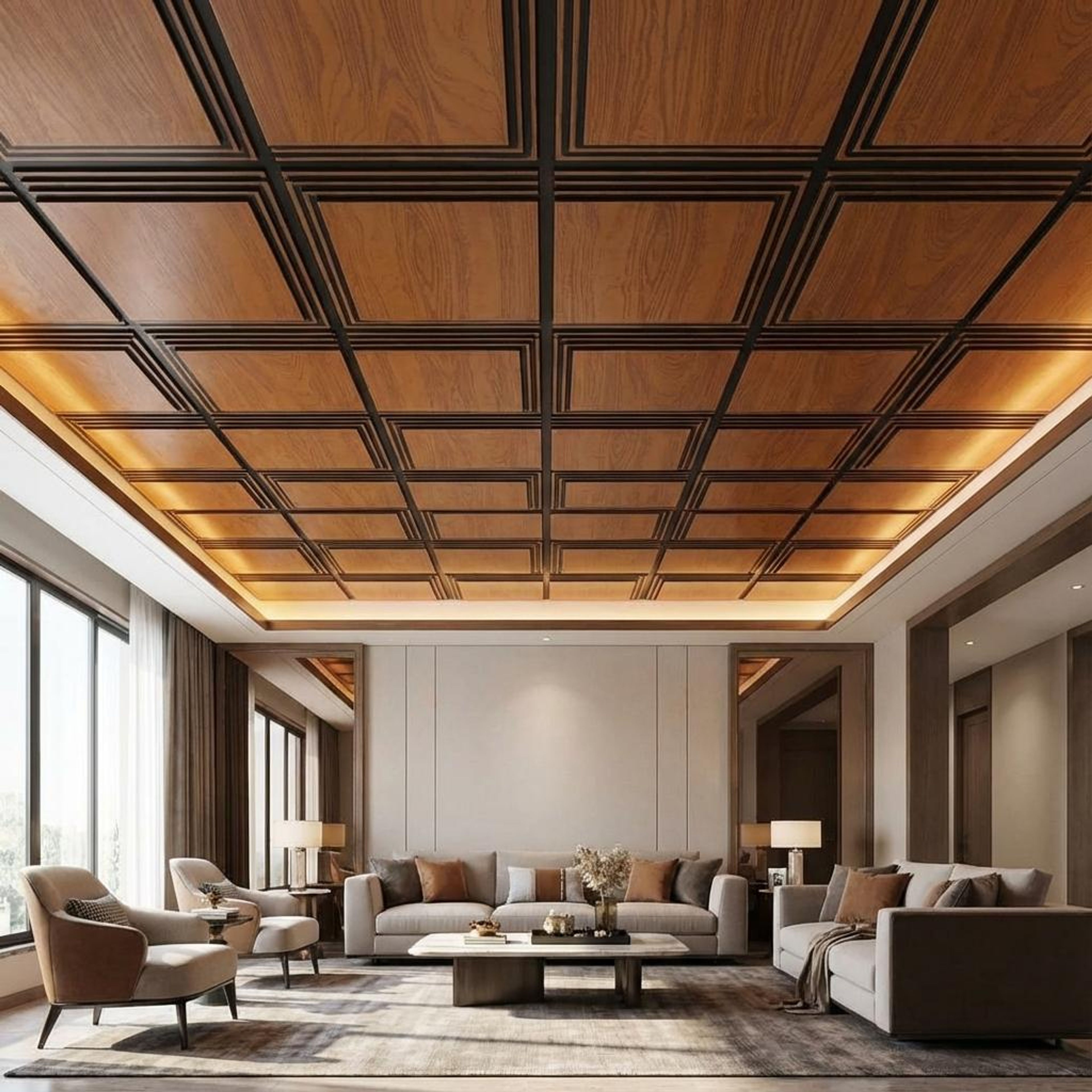 Cast Antique Teakwood - Greek Geometric - Brown, Bronze - Decorative Ceiling Panel - 2 ft x 2 ft