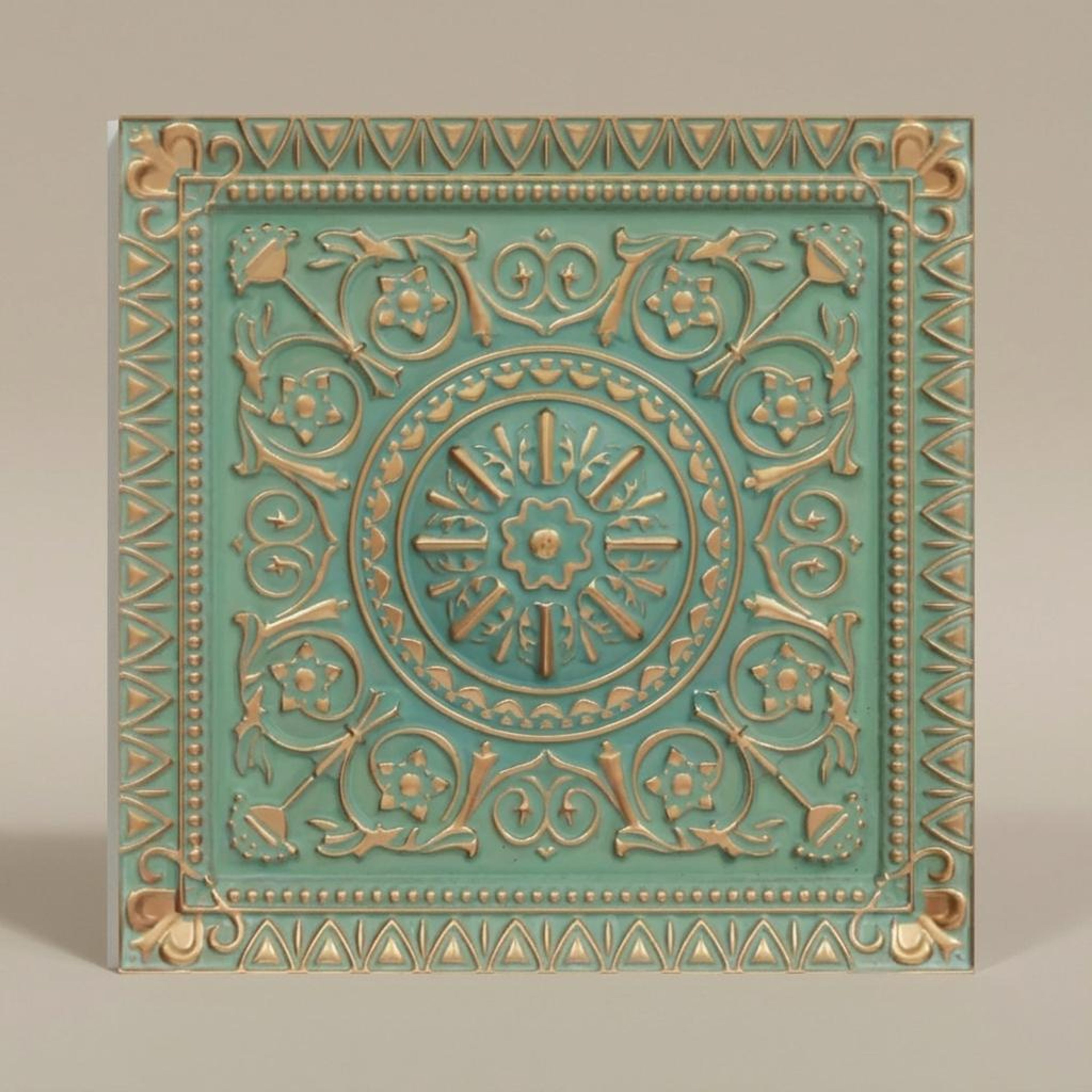 Vivid Arabian Green - Persian Motifs - Green, Gold - Decorative Ceiling Panel - 2 ft x 2 ft