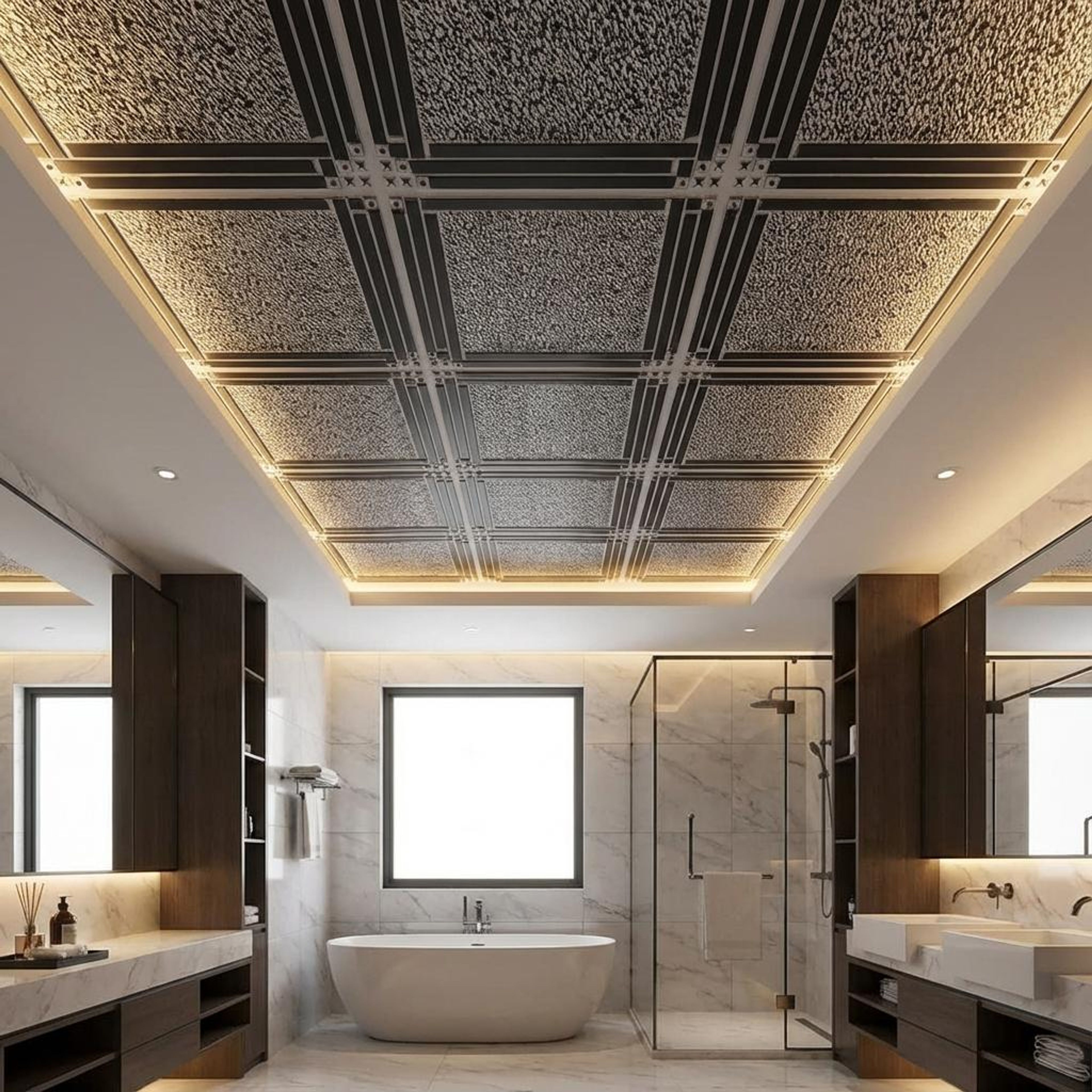 Dream Royal Black - Greek Geometric - Black, Grey - Decorative Ceiling Panel - 2 ft x 2 ft