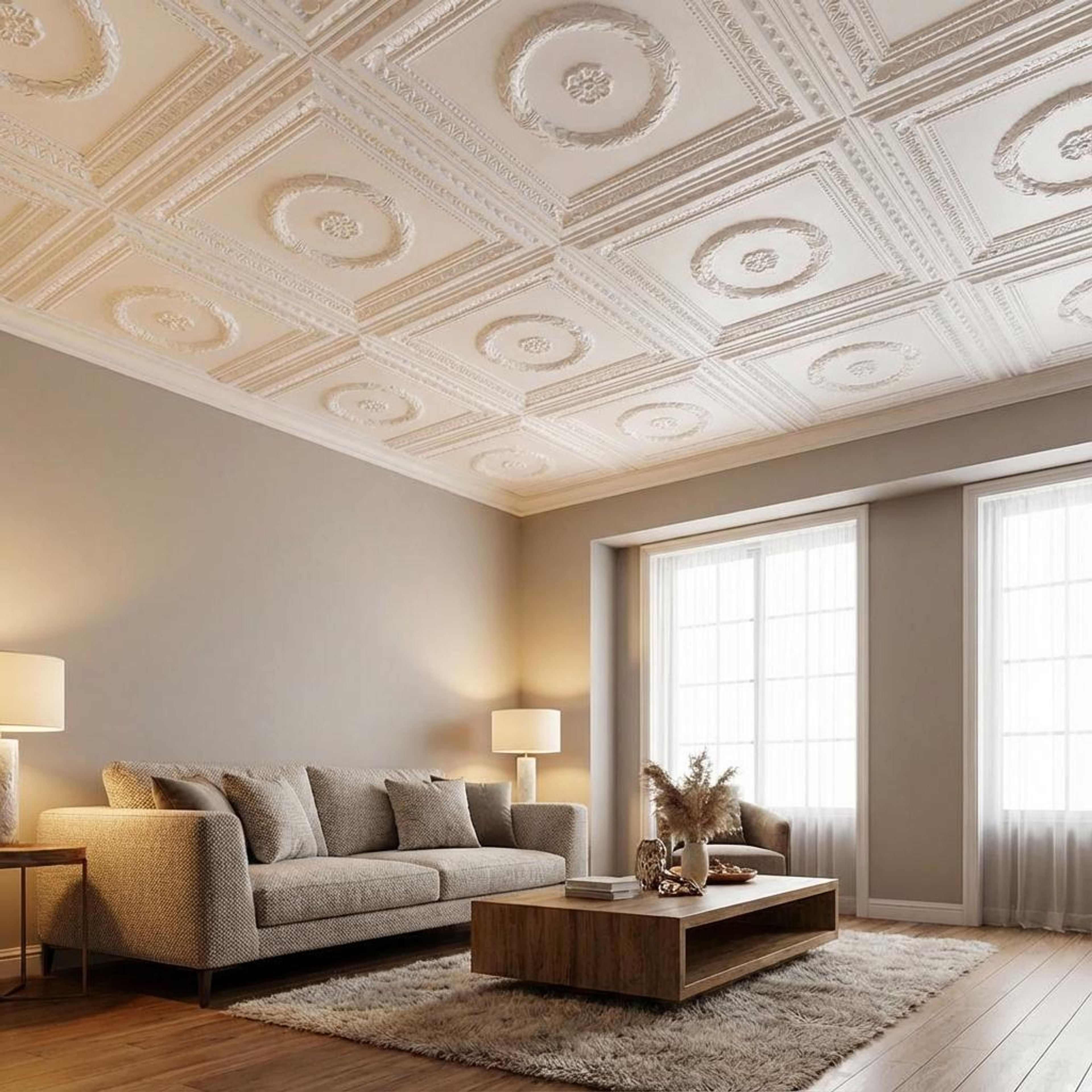 Pure Neutral Paintable - Persian Motifs - White - Decorative Ceiling Panel - 2 ft x 2 ft