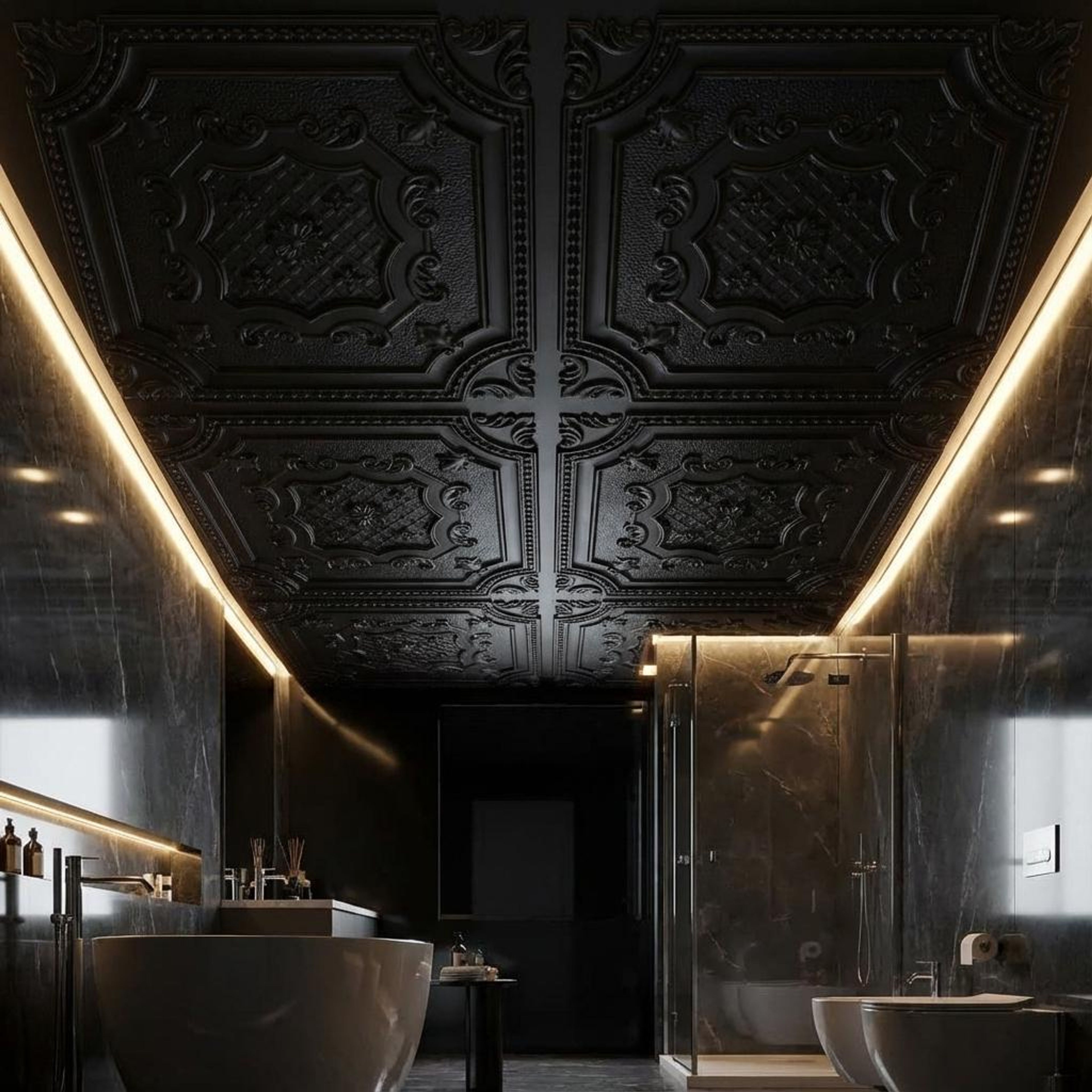 Intense Black - Persian Motifs - Black - Decorative Ceiling Panel - 2 ft x 2 ft