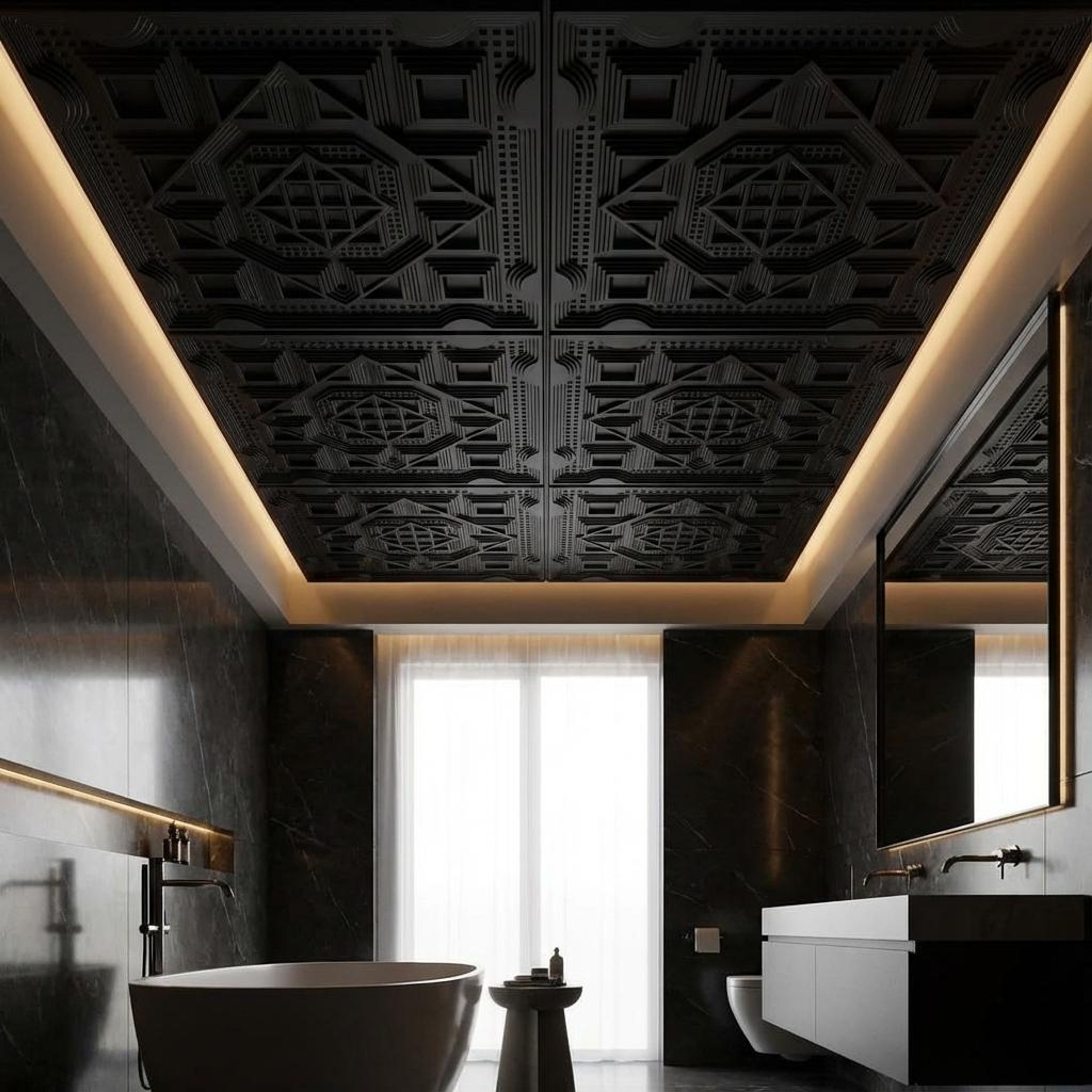 Vivid Black - Greek Geometric - Black - Decorative Ceiling Panel - 2 ft x 2 ft