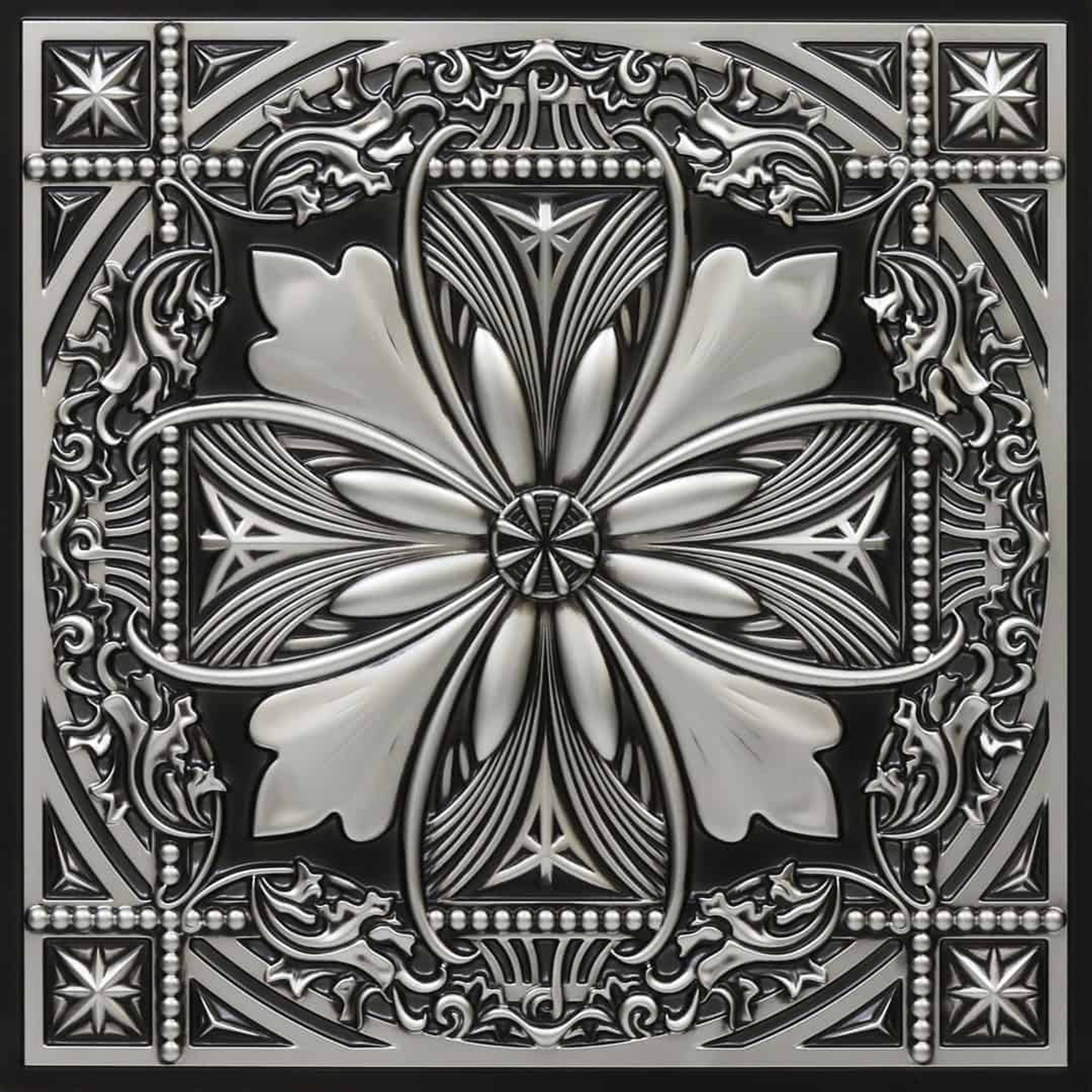 Antique Silver Aged - Baali Botanical - Silver, Grey - Decorative Ceiling Panel - 2 ft x 2 ft