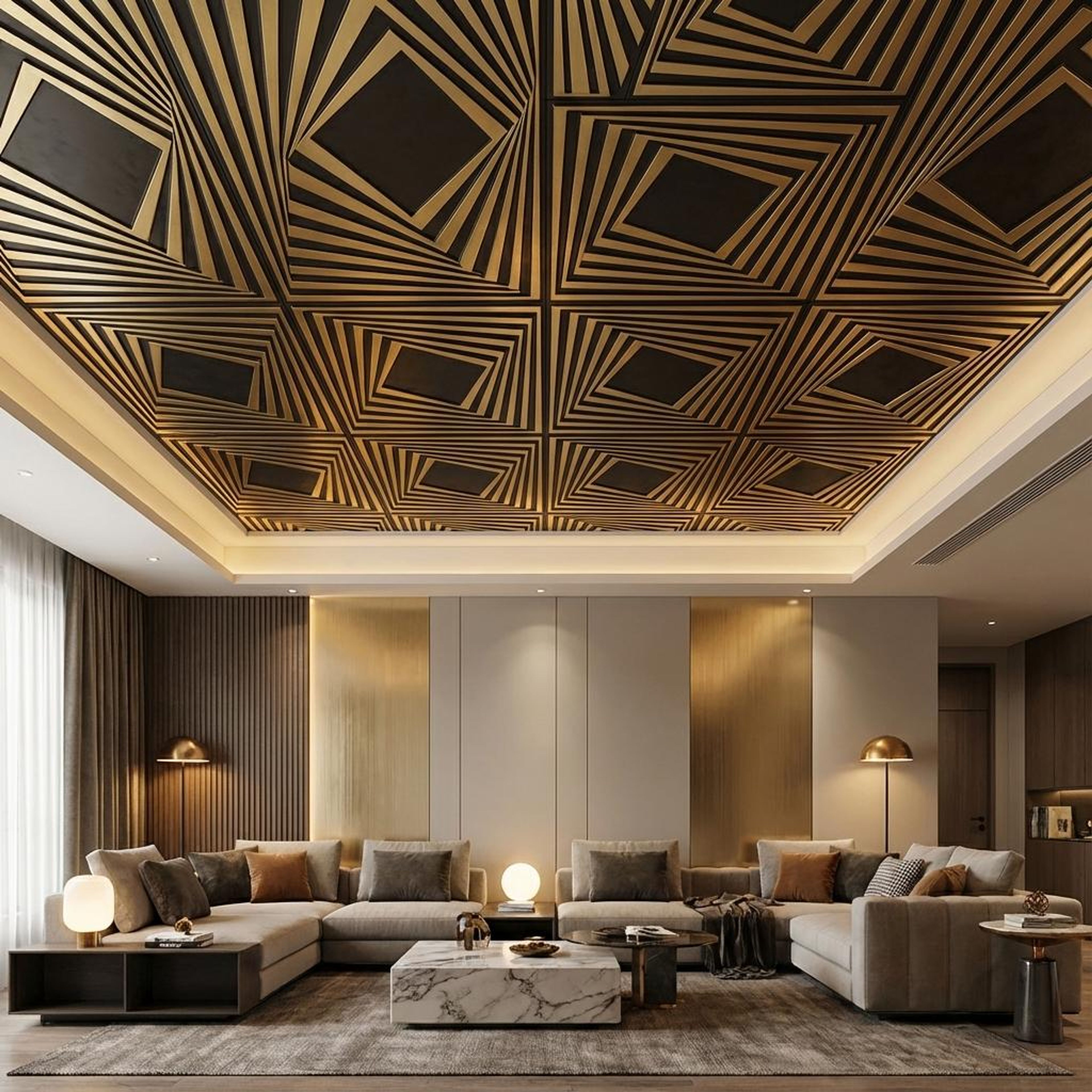 Lustrous Antique Brass - Greek Geometric - Brass, Bronze - Decorative Ceiling Panel - 2 ft x 2 ft