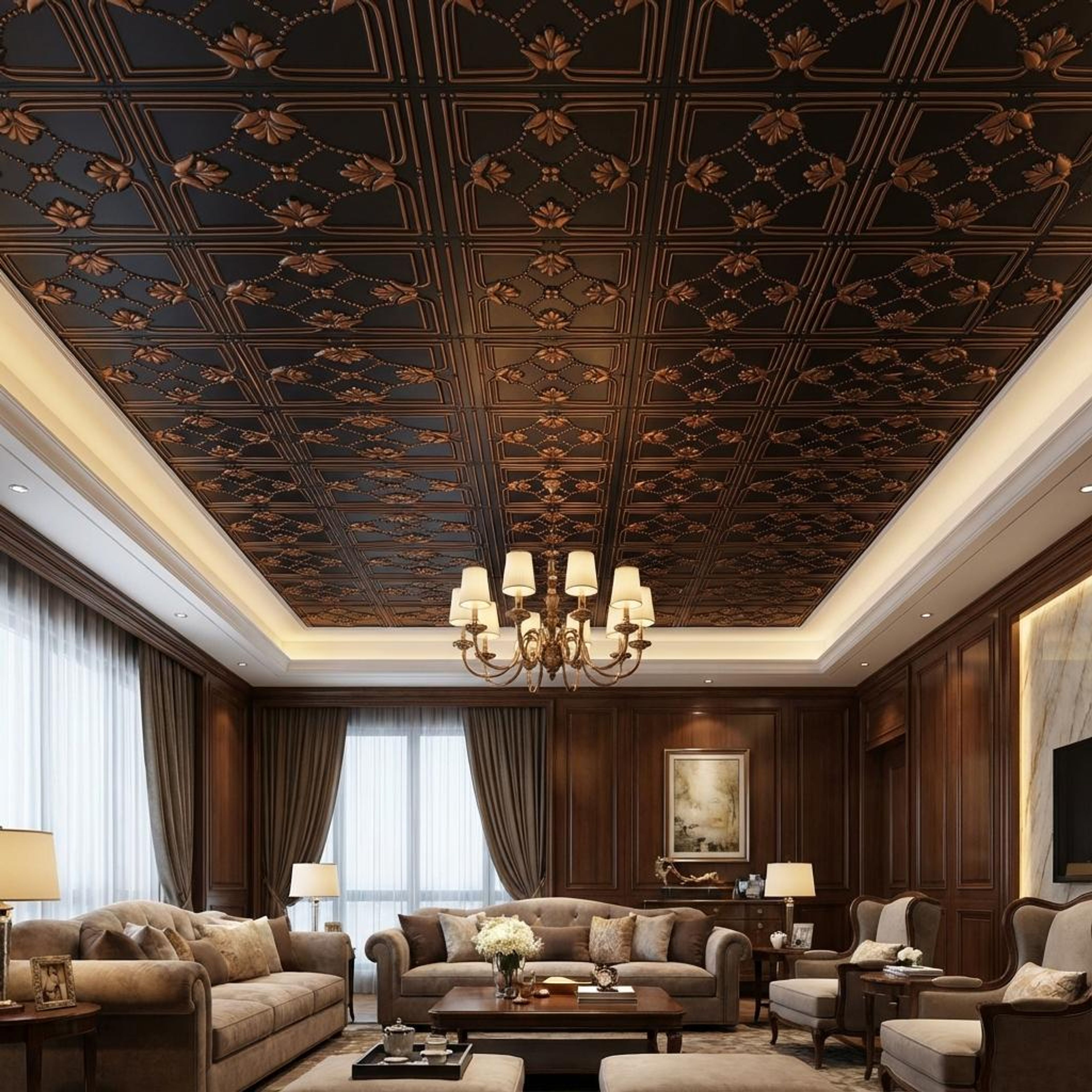 Polished Antique Copper - Baali Botanical - Copper, Bronze - Decorative Ceiling Panel - 2 ft x 2 ft