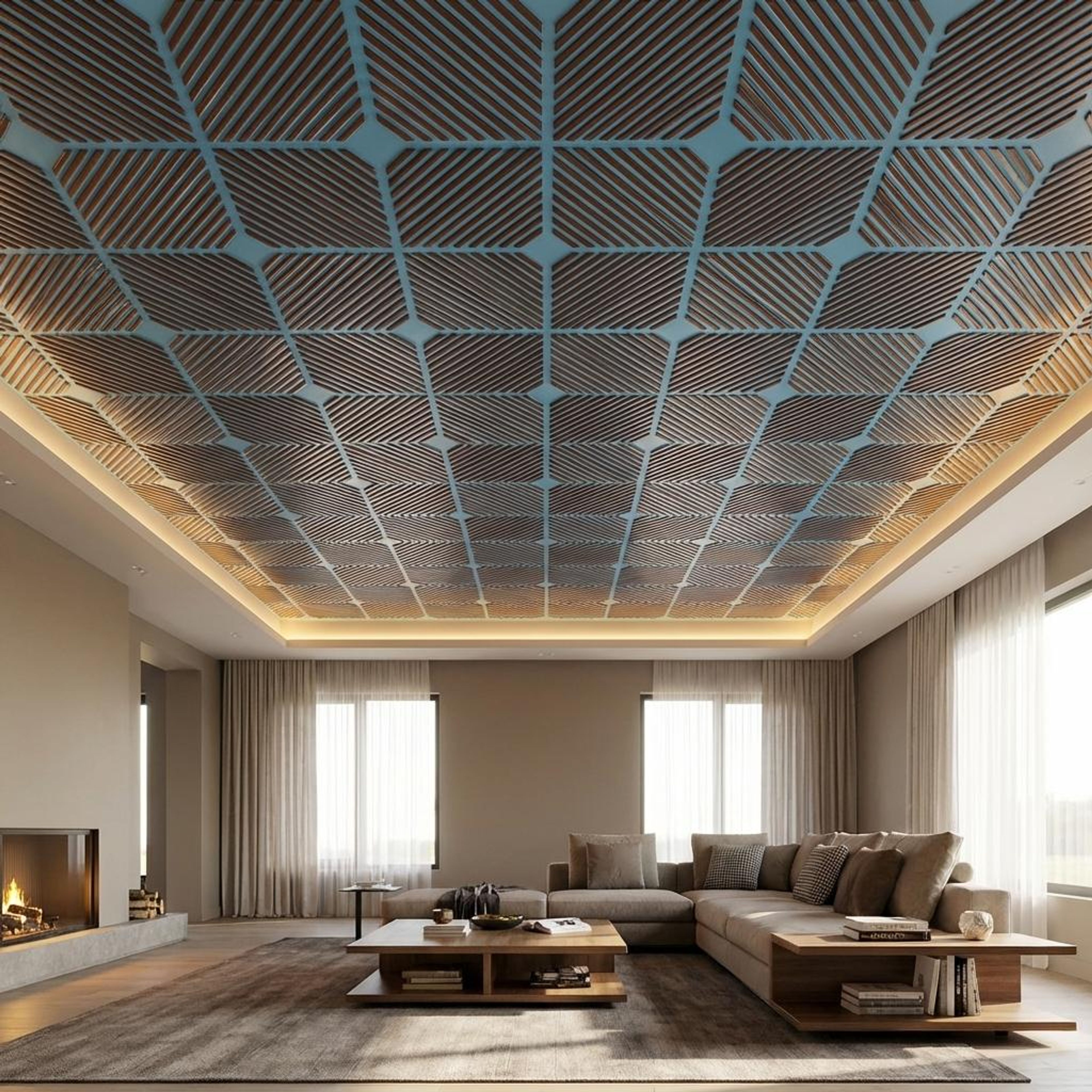 Tarnished Blue Curacao - Greek Geometric - Blue, Gold - Decorative Ceiling Panel - 2 ft x 2 ft