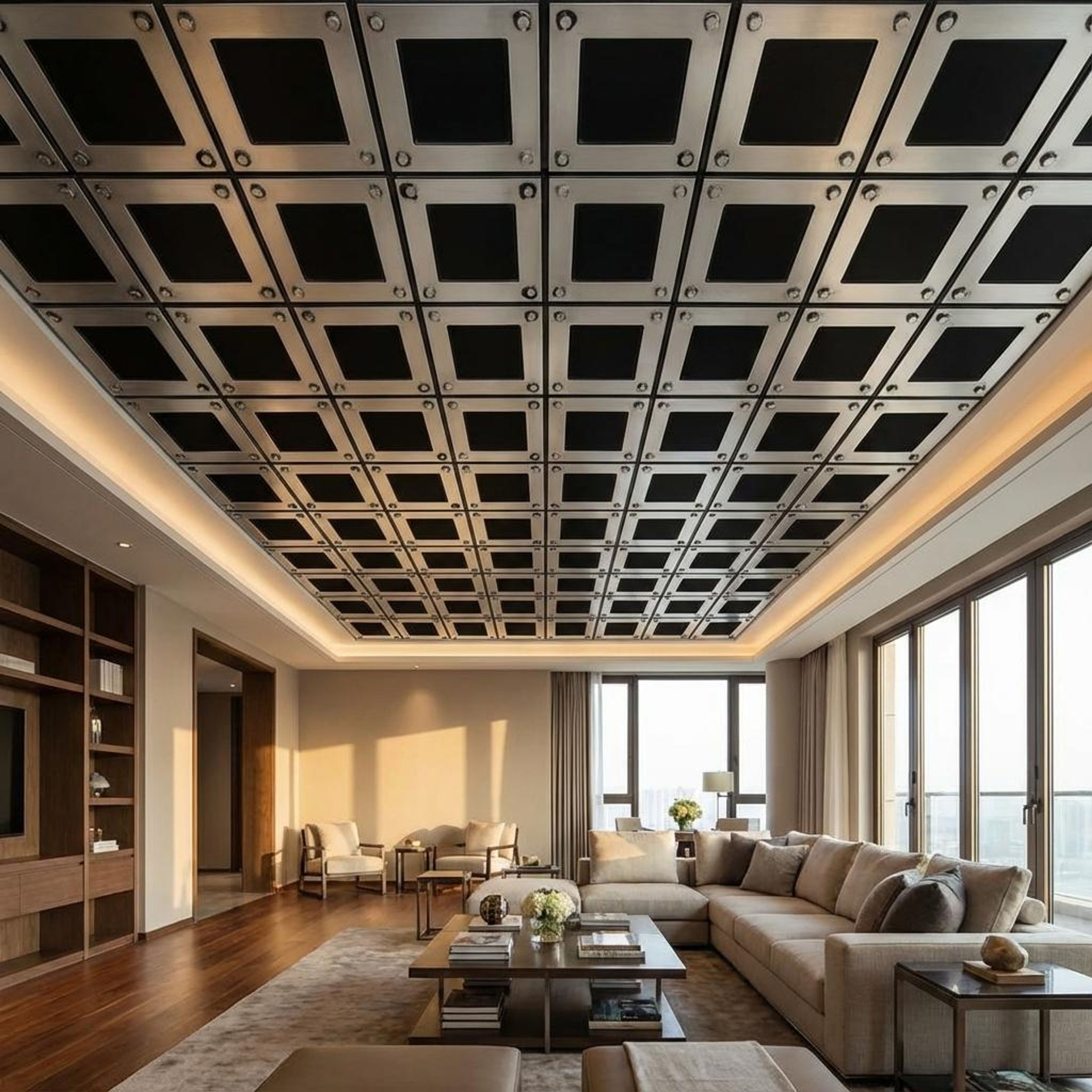 Gold Antique Silver - Greek Geometric - Gold, Brown - Decorative Ceiling Panel - 2 ft x 2 ft