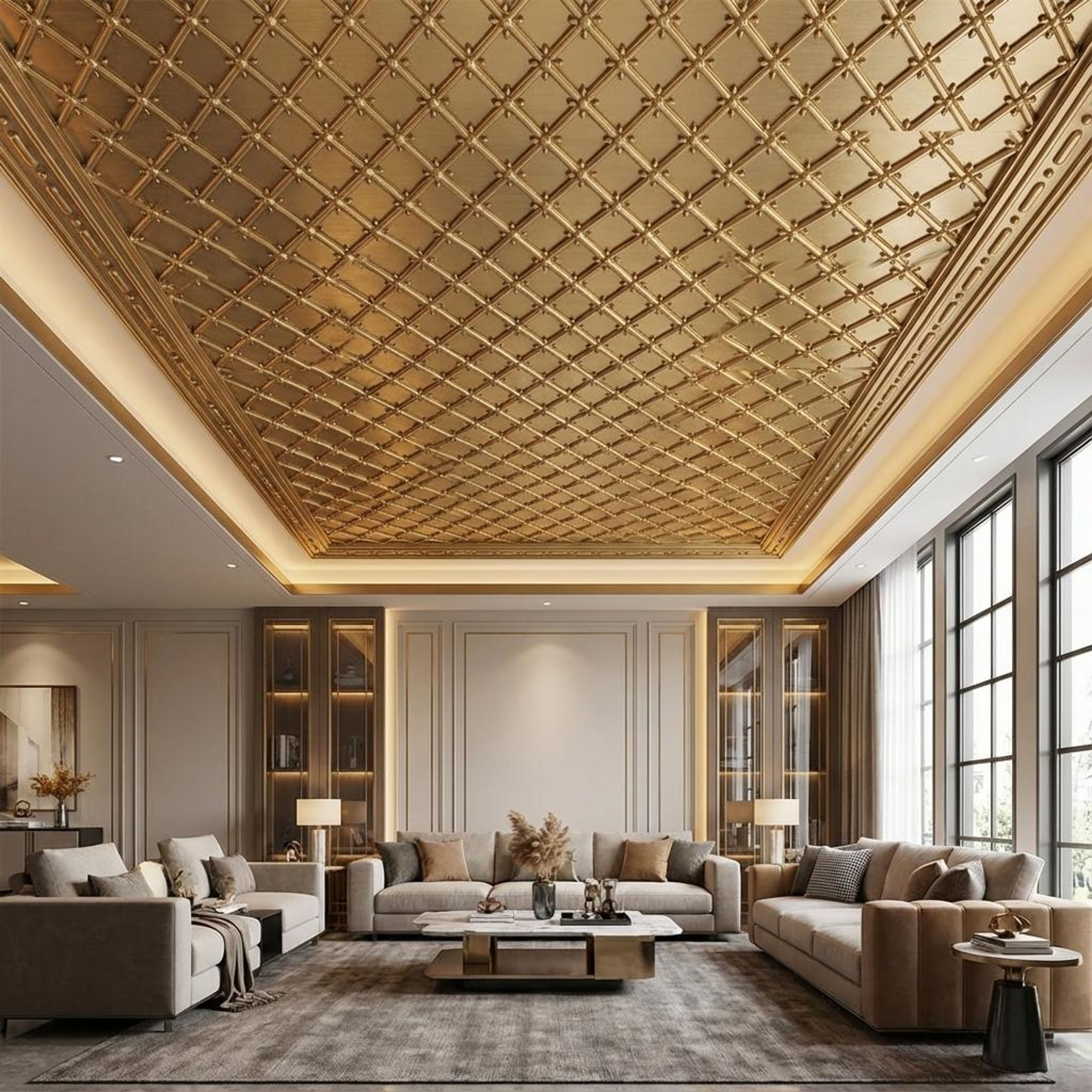 Gold Antique Mocha - Moraccan Meshwork - Gold, Brown - Decorative Ceiling Panel - 2 ft x 2 ft