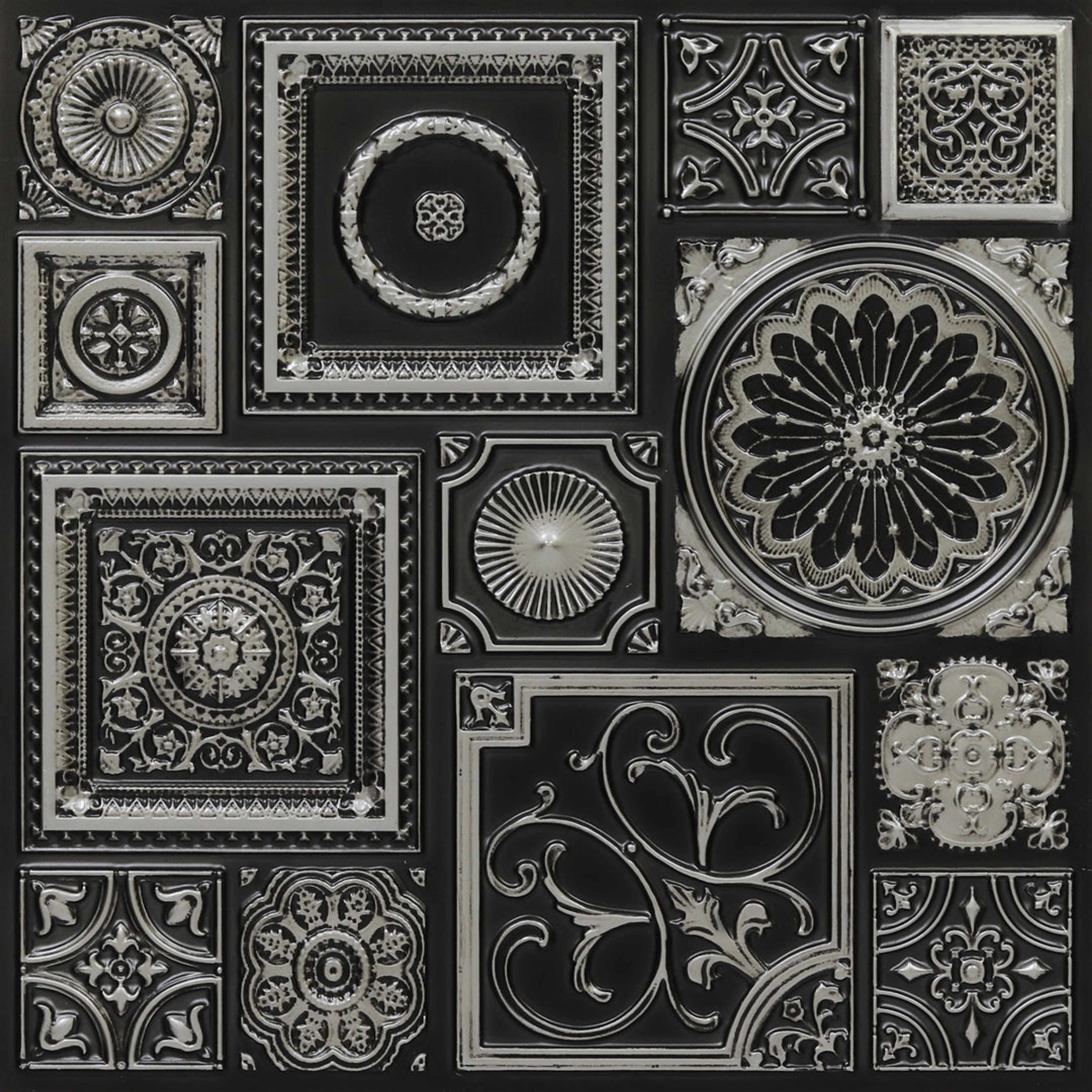Shine Antique Silver - Persian Motifs - Silver, Grey - Decorative Ceiling Panel - 2 ft x 2 ft