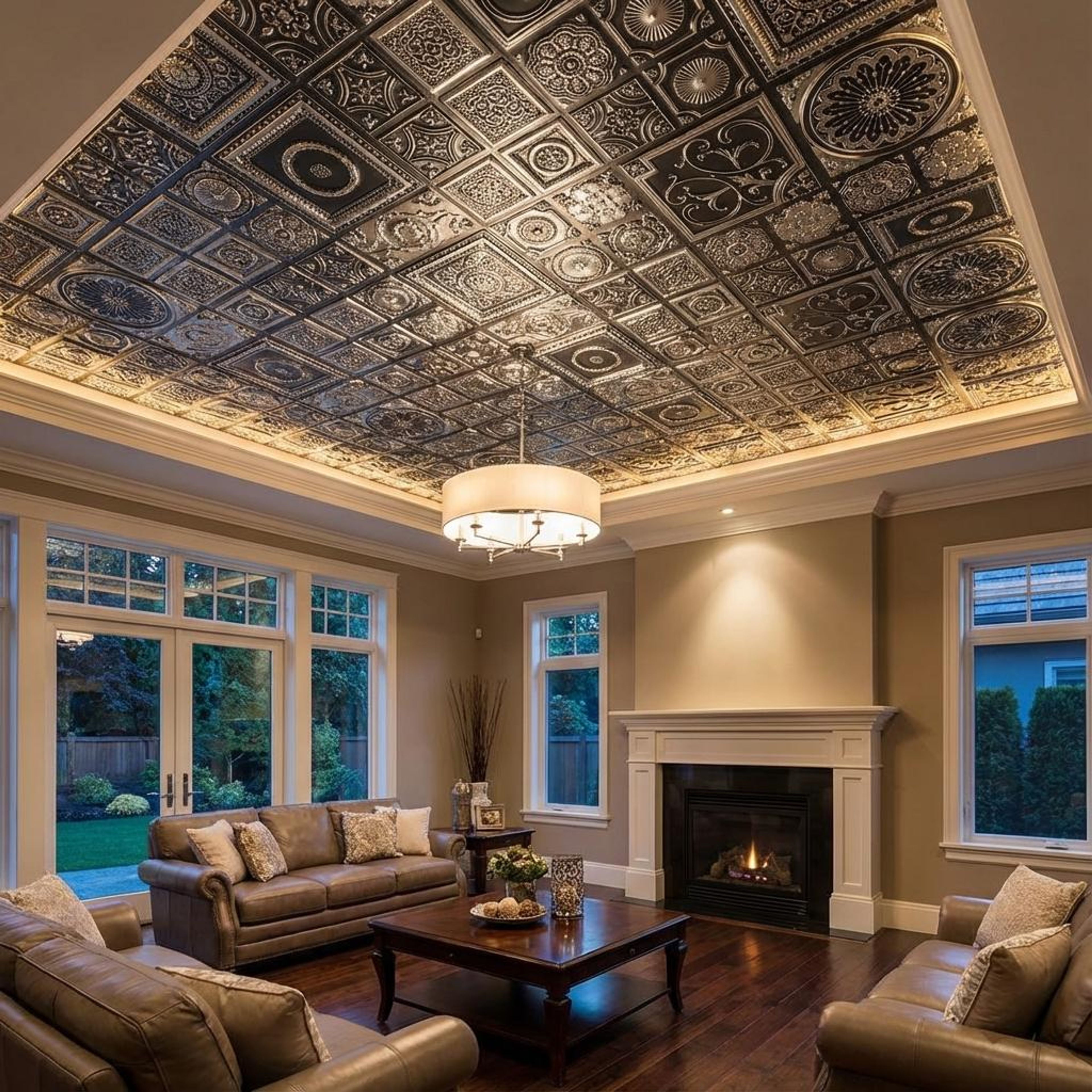 Shine Antique Silver - Persian Motifs - Silver, Grey - Decorative Ceiling Panel - 2 ft x 2 ft