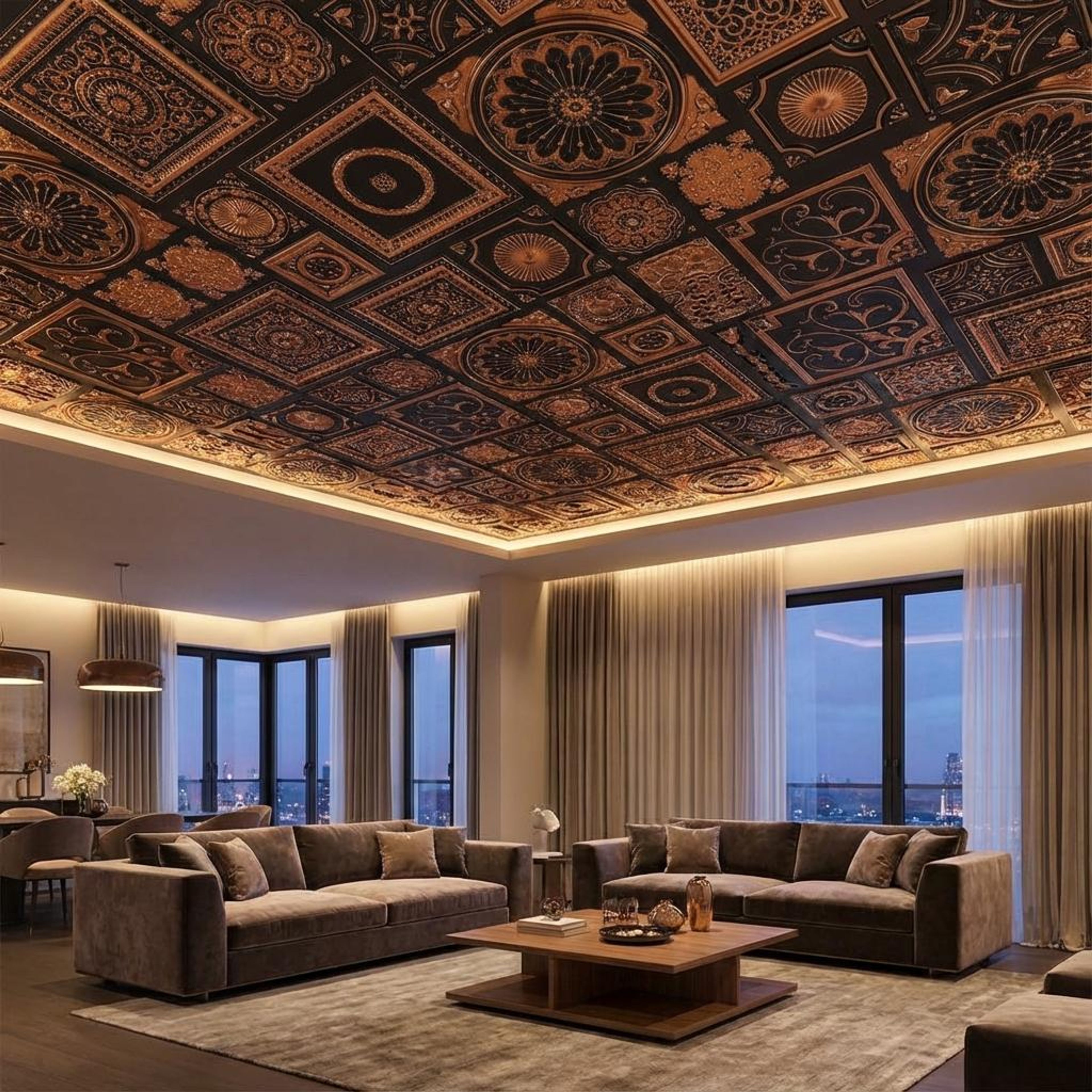 Shine Antique Copper - Persian Motifs - Copper, Bronze - Decorative Ceiling Panel - 2 ft x 2 ft