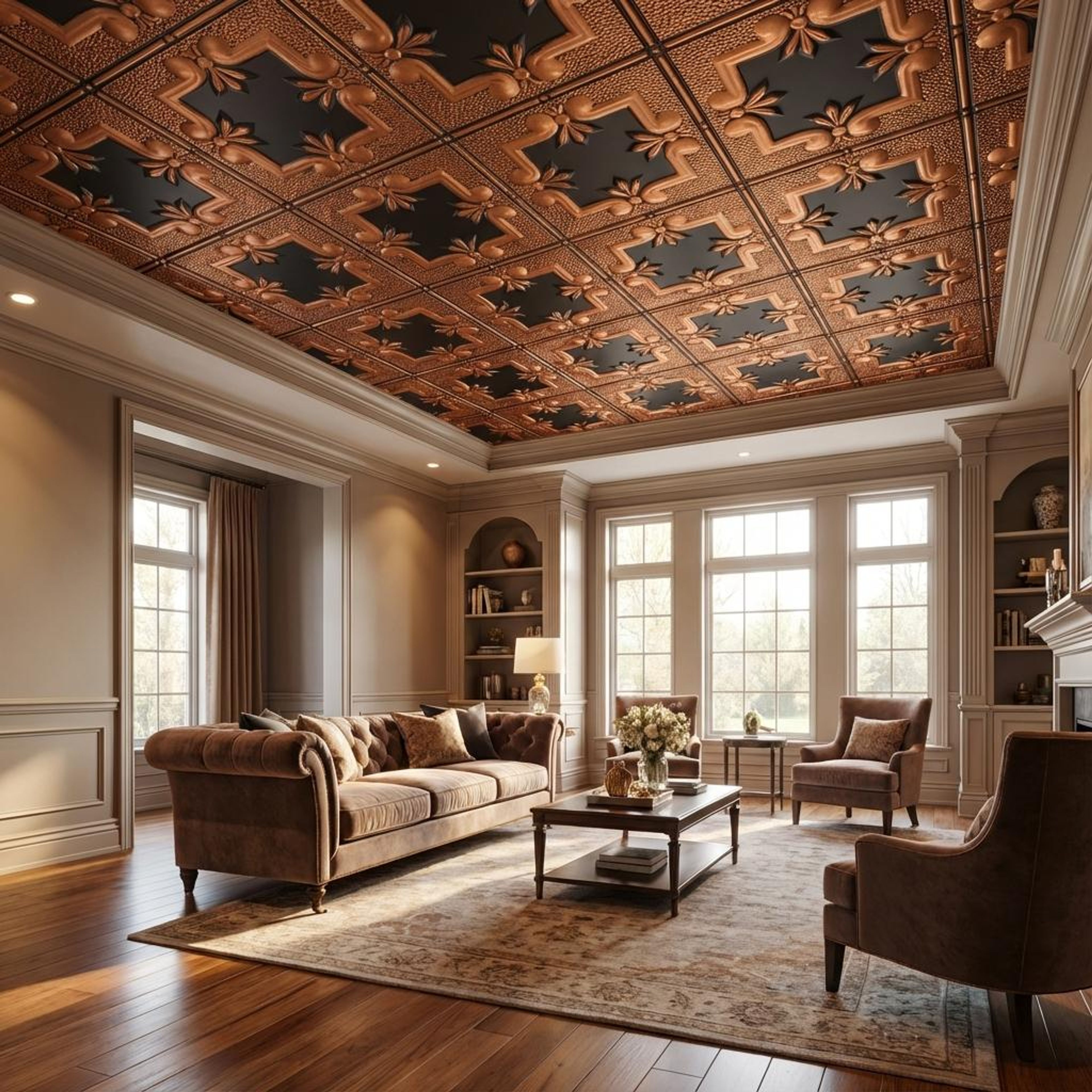 Sophisticated Antique Copper - Baali Botanical - Copper, Bronze - Decorative Ceiling Panel - 2 ft x 2 ft