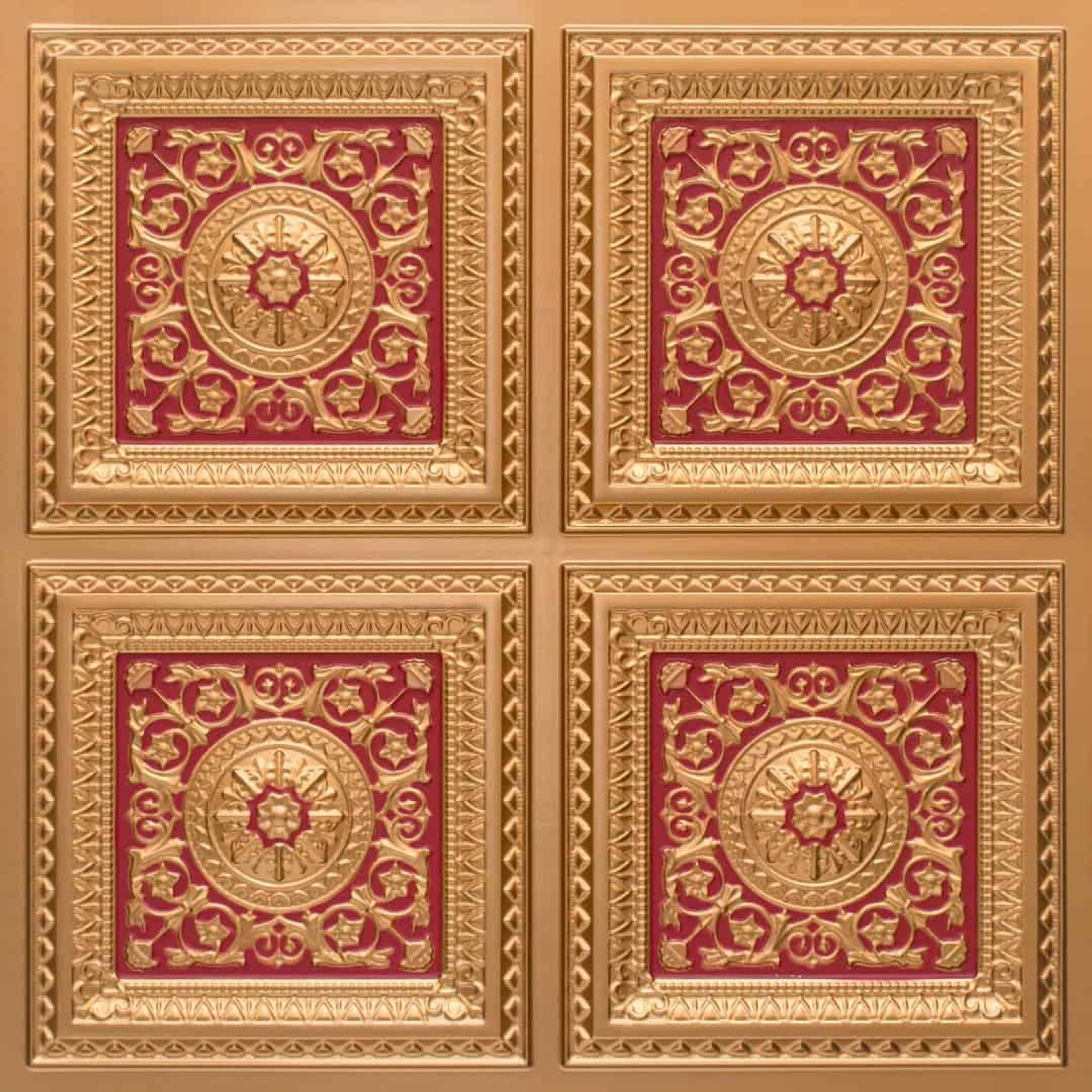 Hammered Gold Red - Persian Motifs - Gold, Brown - Decorative Ceiling Panel - 2 ft x 2 ft
