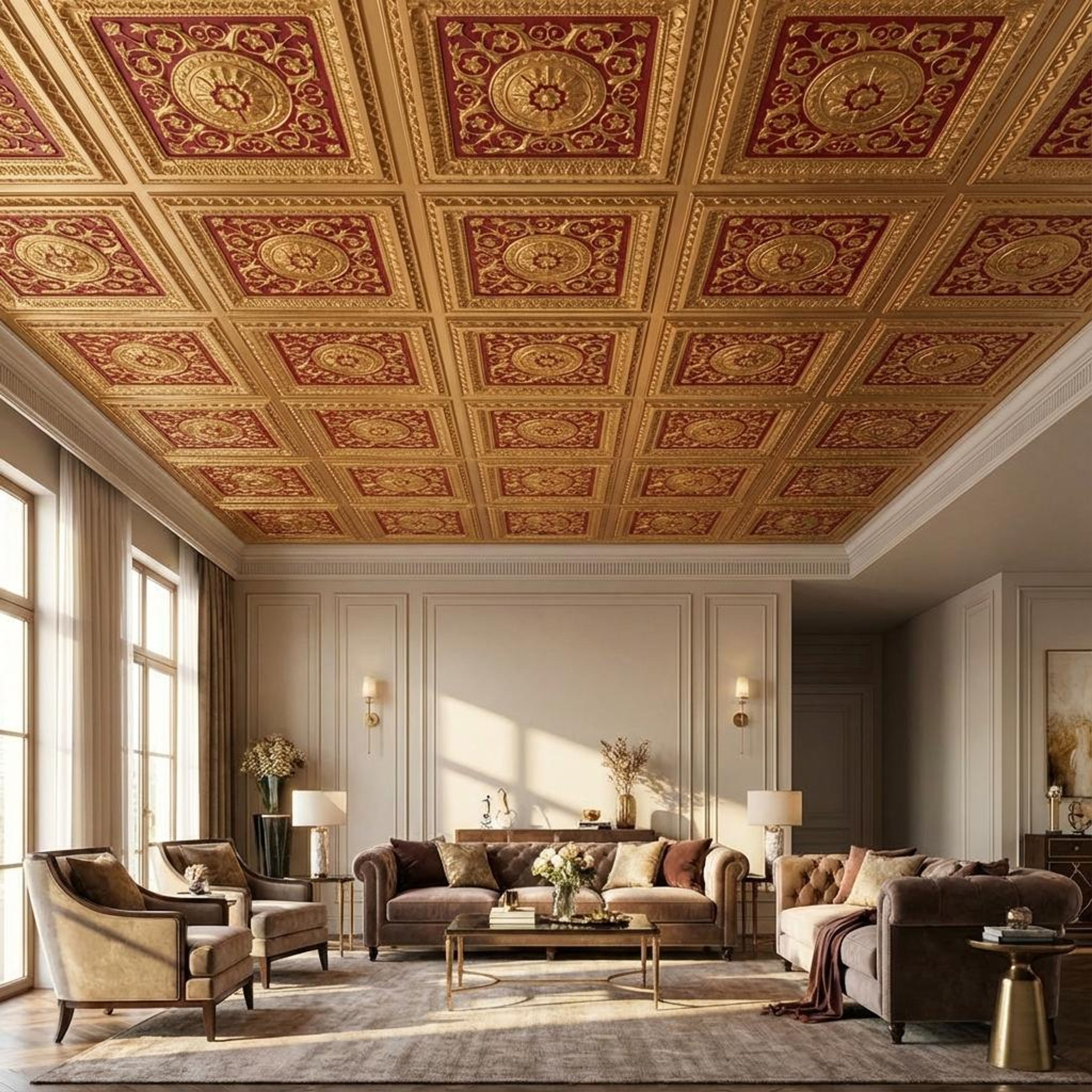 Hammered Gold Red - Persian Motifs - Gold, Brown - Decorative Ceiling Panel - 2 ft x 2 ft