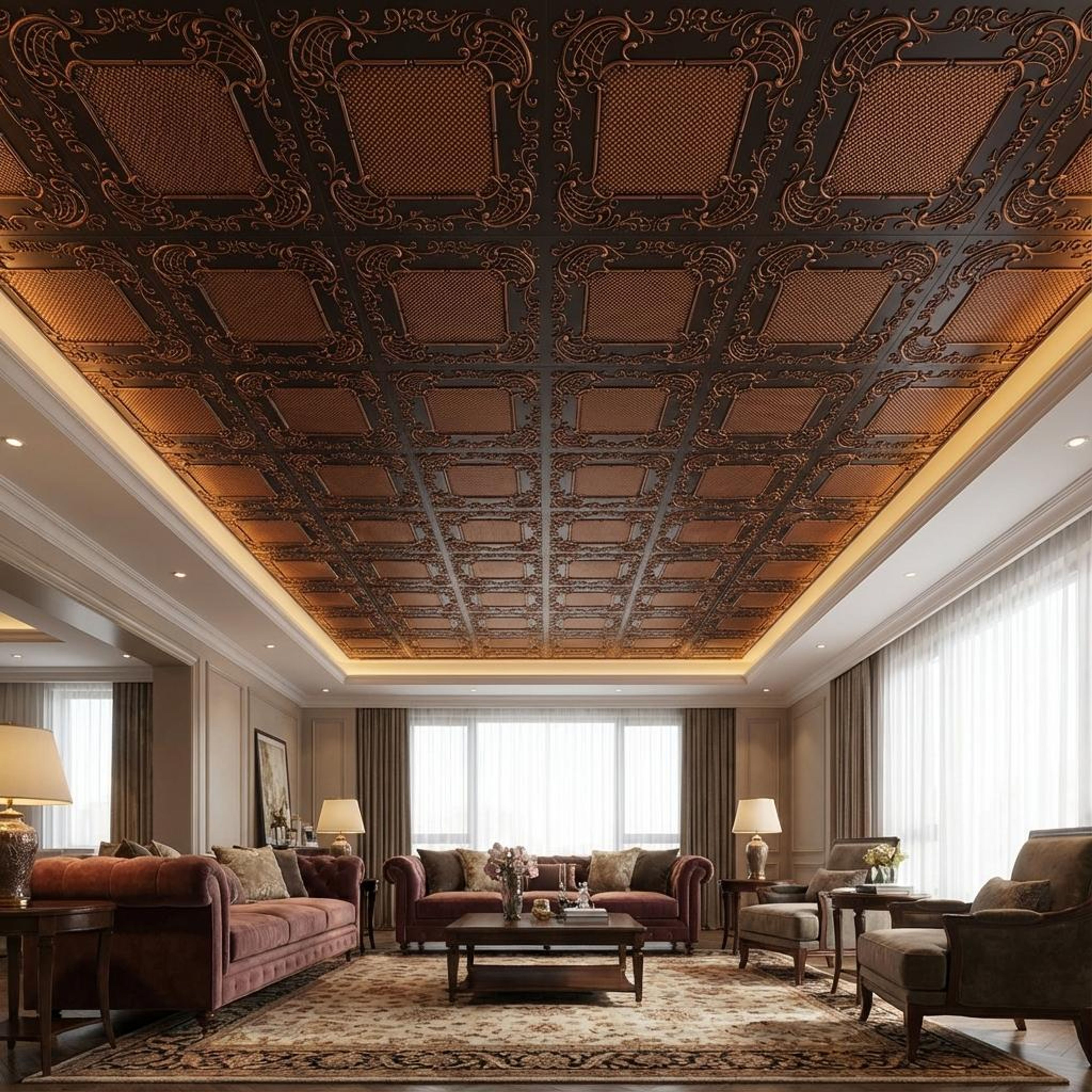 Cast Antique Copper - Moraccan Meshwork - Copper, Bronze - Decorative Ceiling Panel - 2 ft x 2 ft