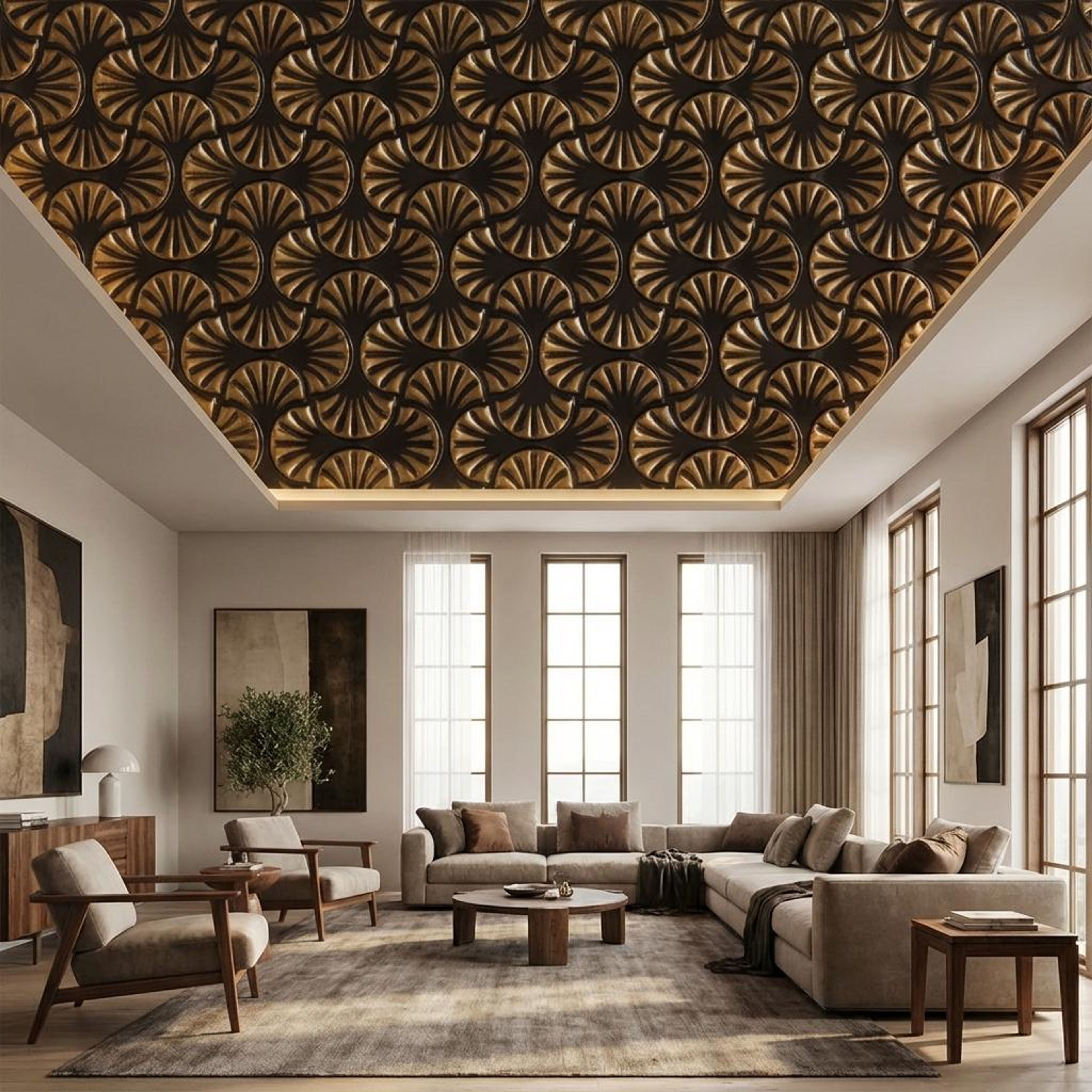 Shimmer Antique Gold - Moraccan Meshwork - Gold, Brown - Decorative Ceiling Panel - 2 ft x 2 ft