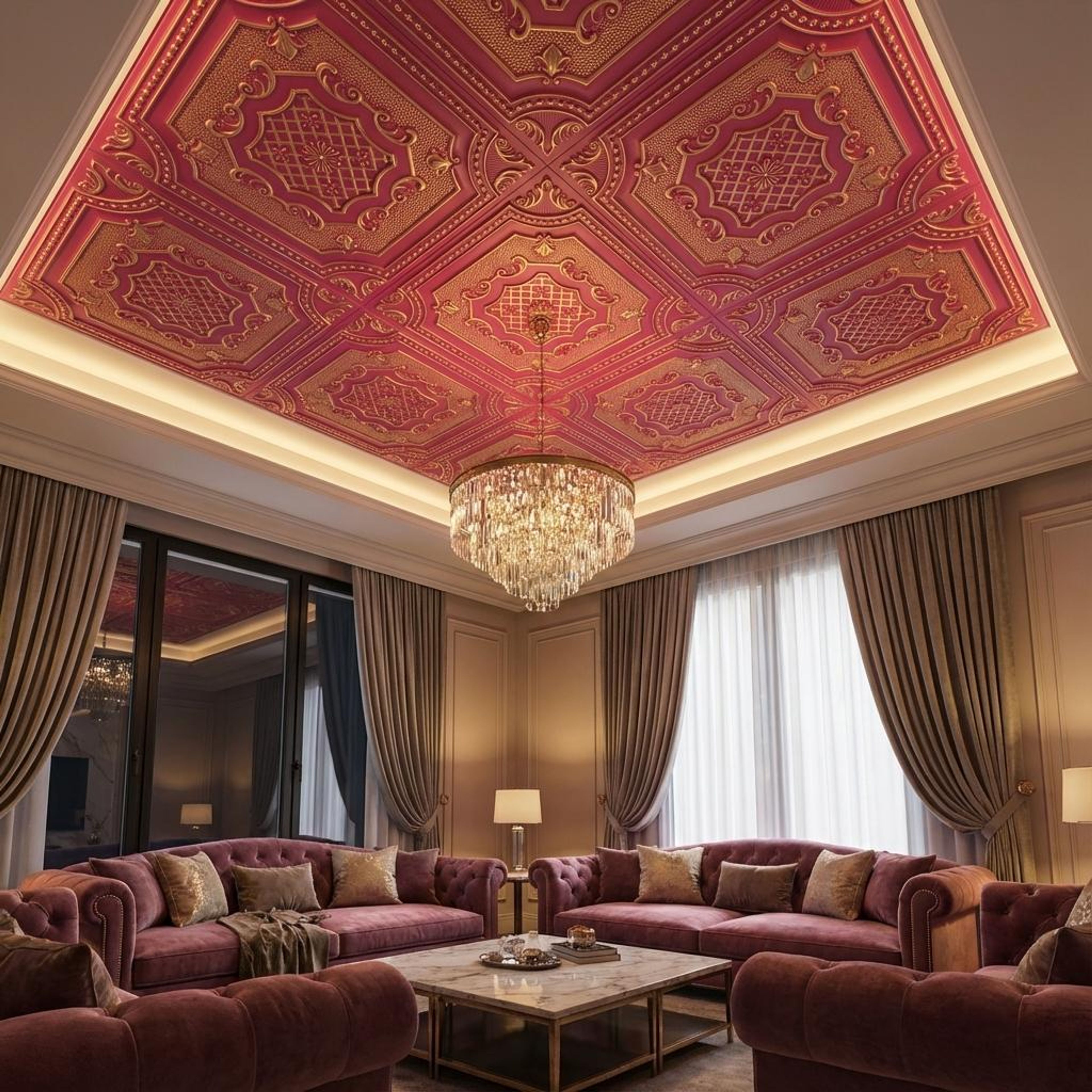 Shimmer Royal Ruby - Persian Motifs - Red, Black - Decorative Ceiling Panel - 2 ft x 2 ft