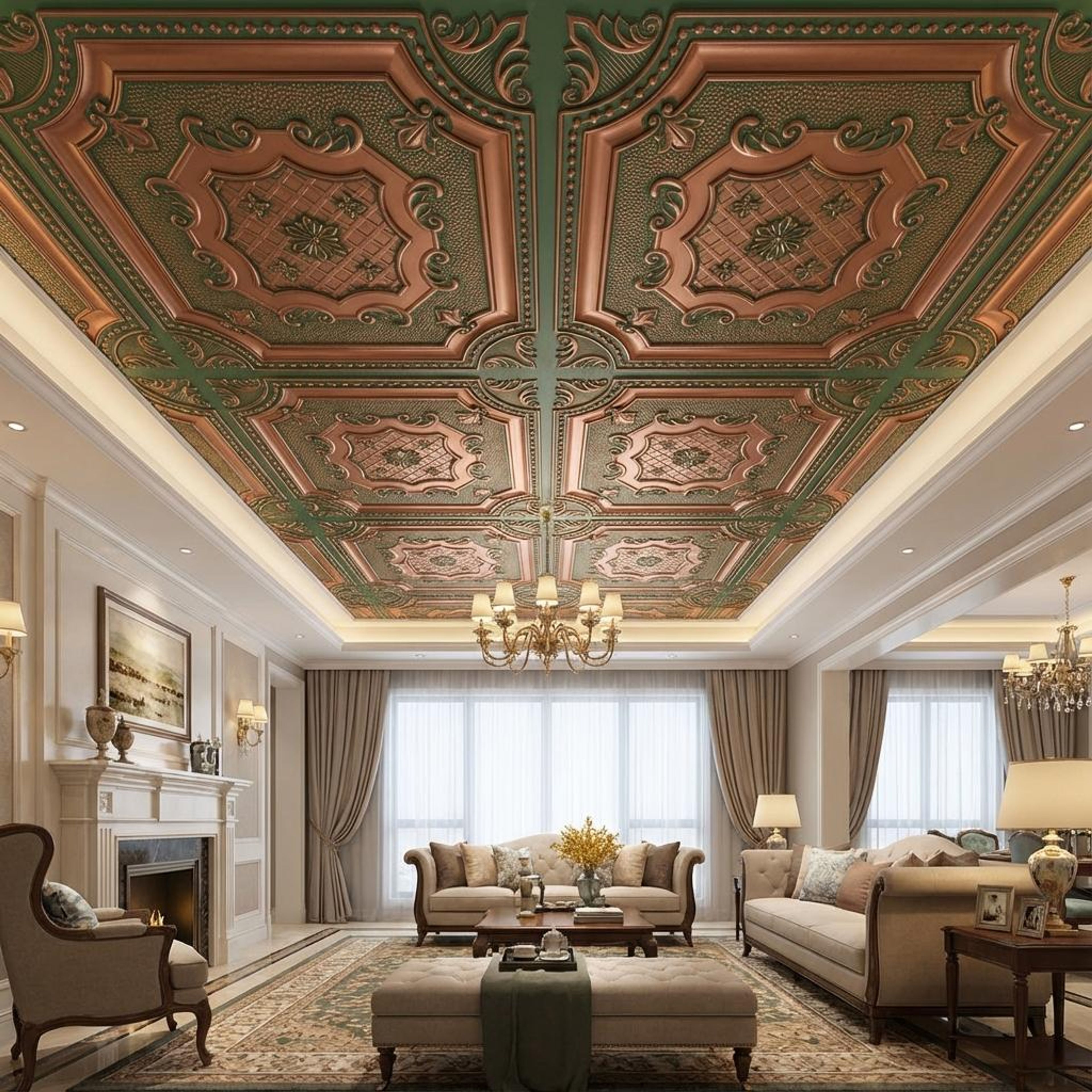Shimmer Patina Deep And Dark - Persian Motifs - Green, Black - Decorative Ceiling Panel - 2 ft x 2 ft