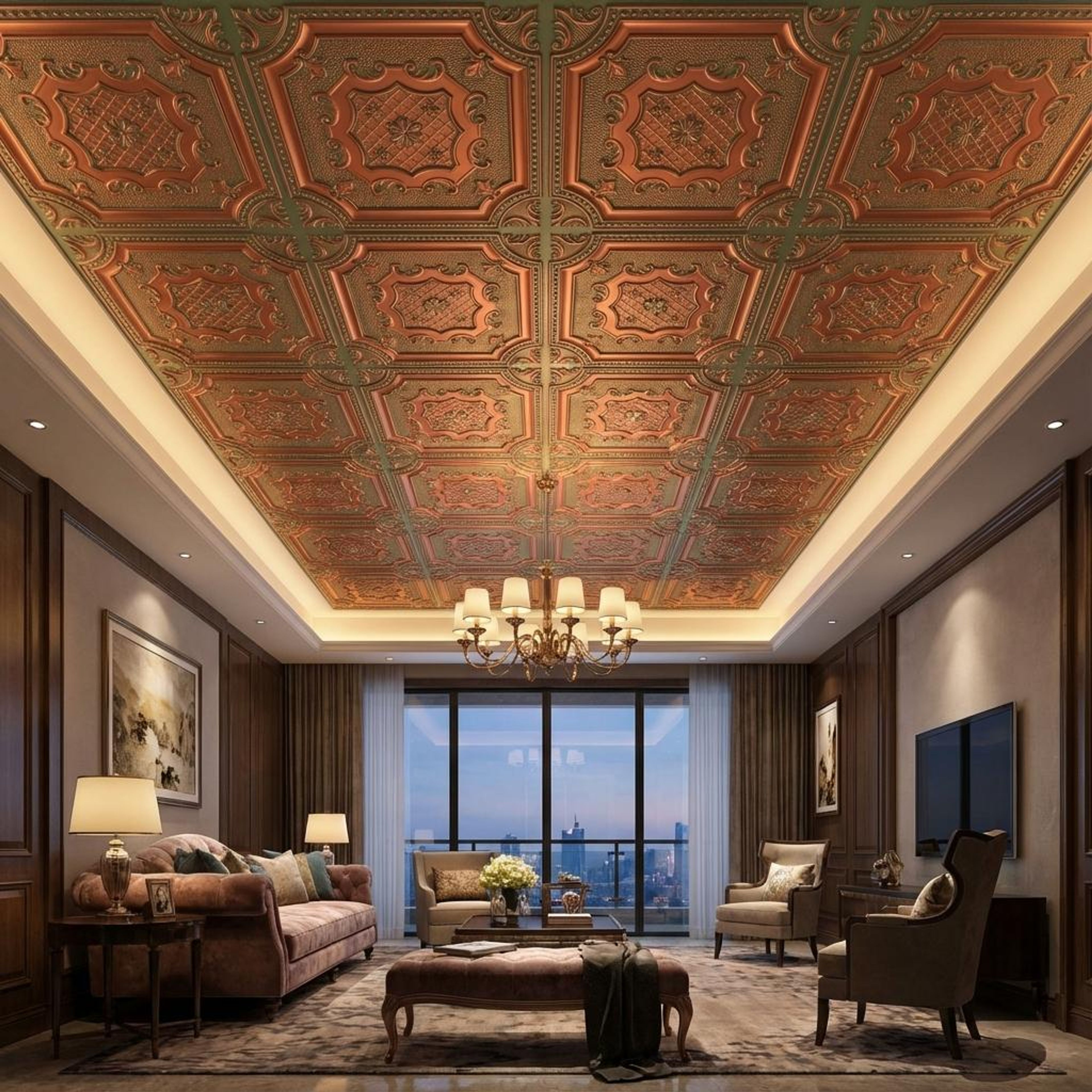 Opulent Patina Copper - Persian Motifs - Copper, Bronze - Decorative Ceiling Panel - 2 ft x 2 ft