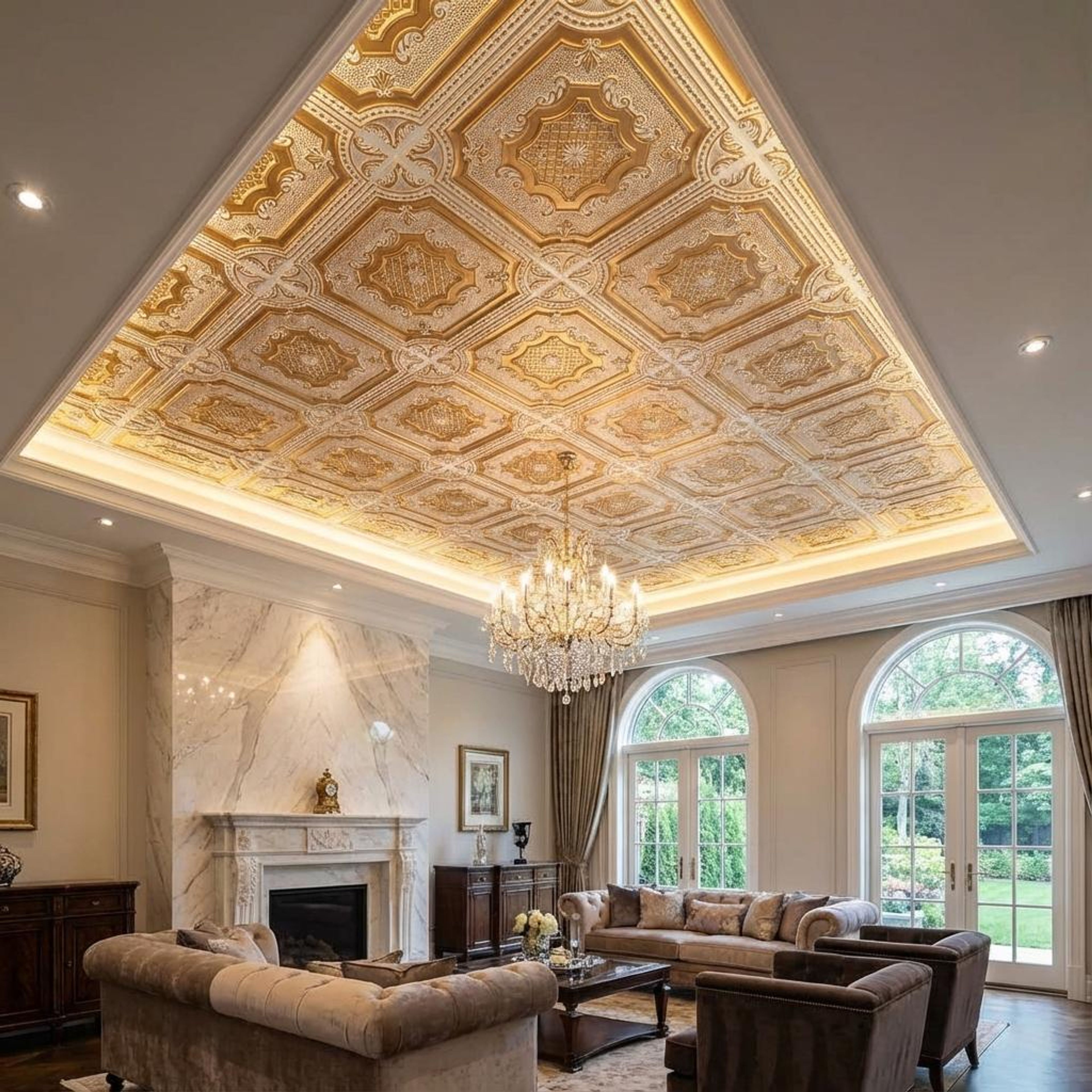 Luxurious Antique White - Persian Motifs - White, Beige - Decorative Ceiling Panel - 2 ft x 2 ft