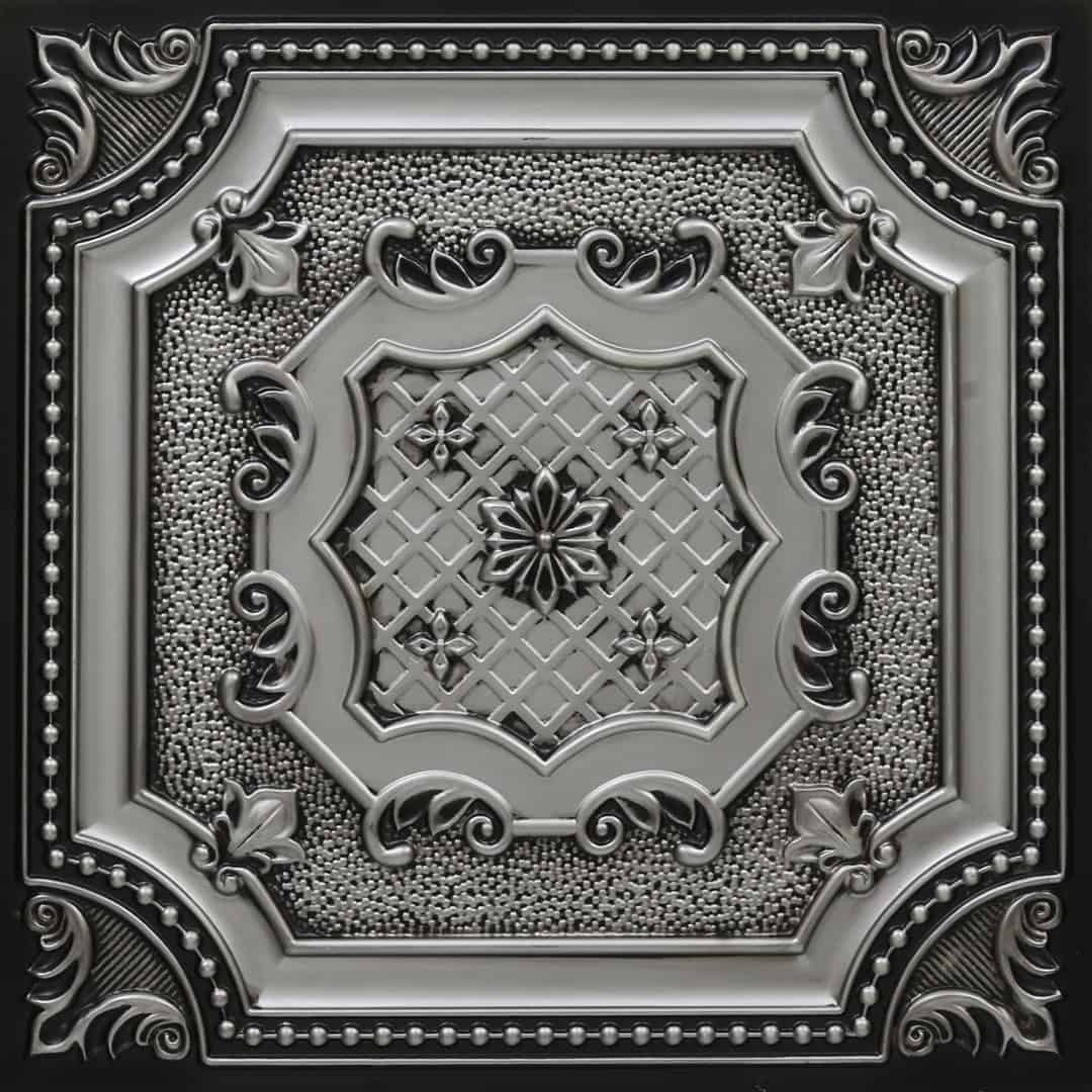 Regal Antique Silver - Persian Motifs - Silver, Grey - Decorative Ceiling Panel - 2 ft x 2 ft