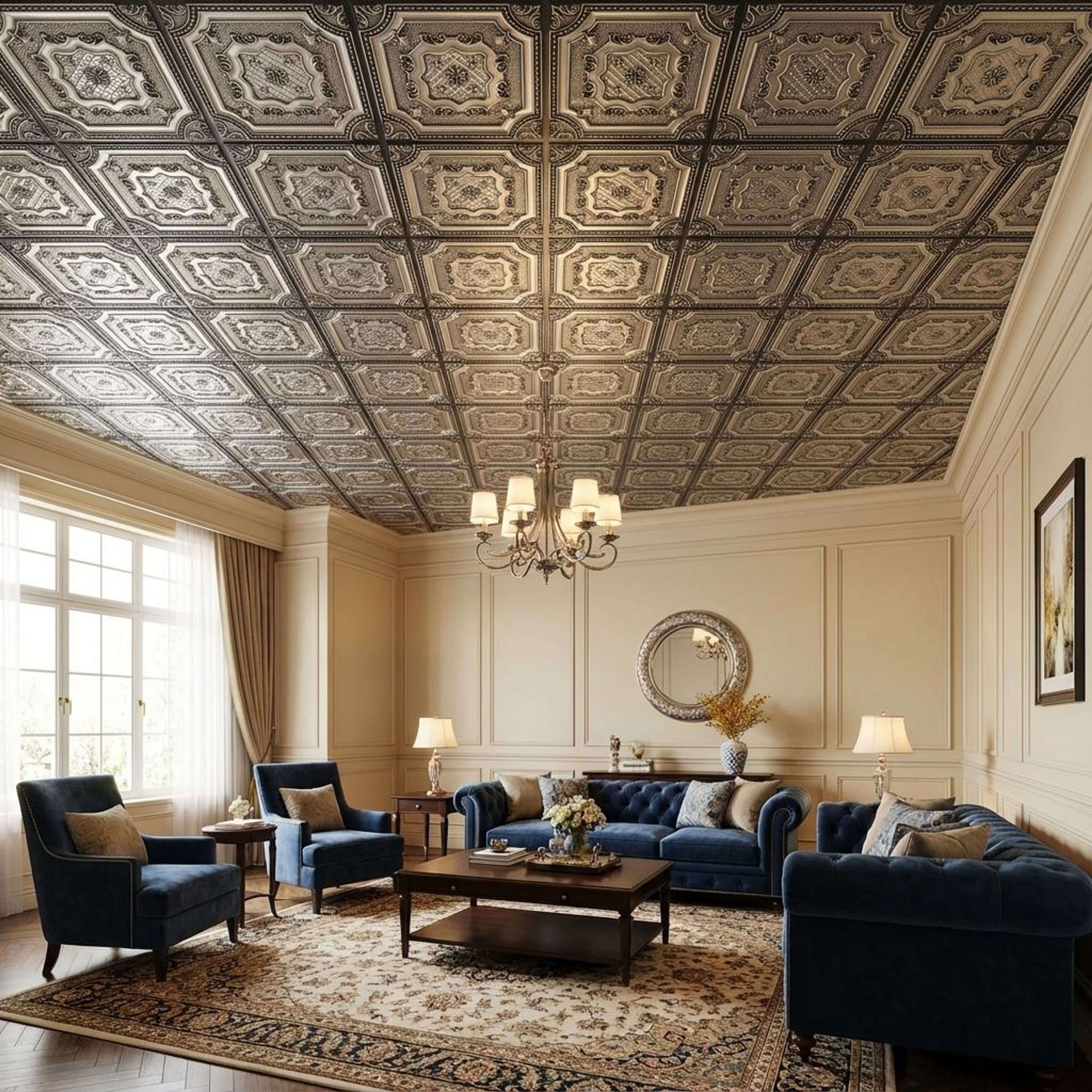 Regal Antique Silver - Persian Motifs - Silver, Grey - Decorative Ceiling Panel - 2 ft x 2 ft