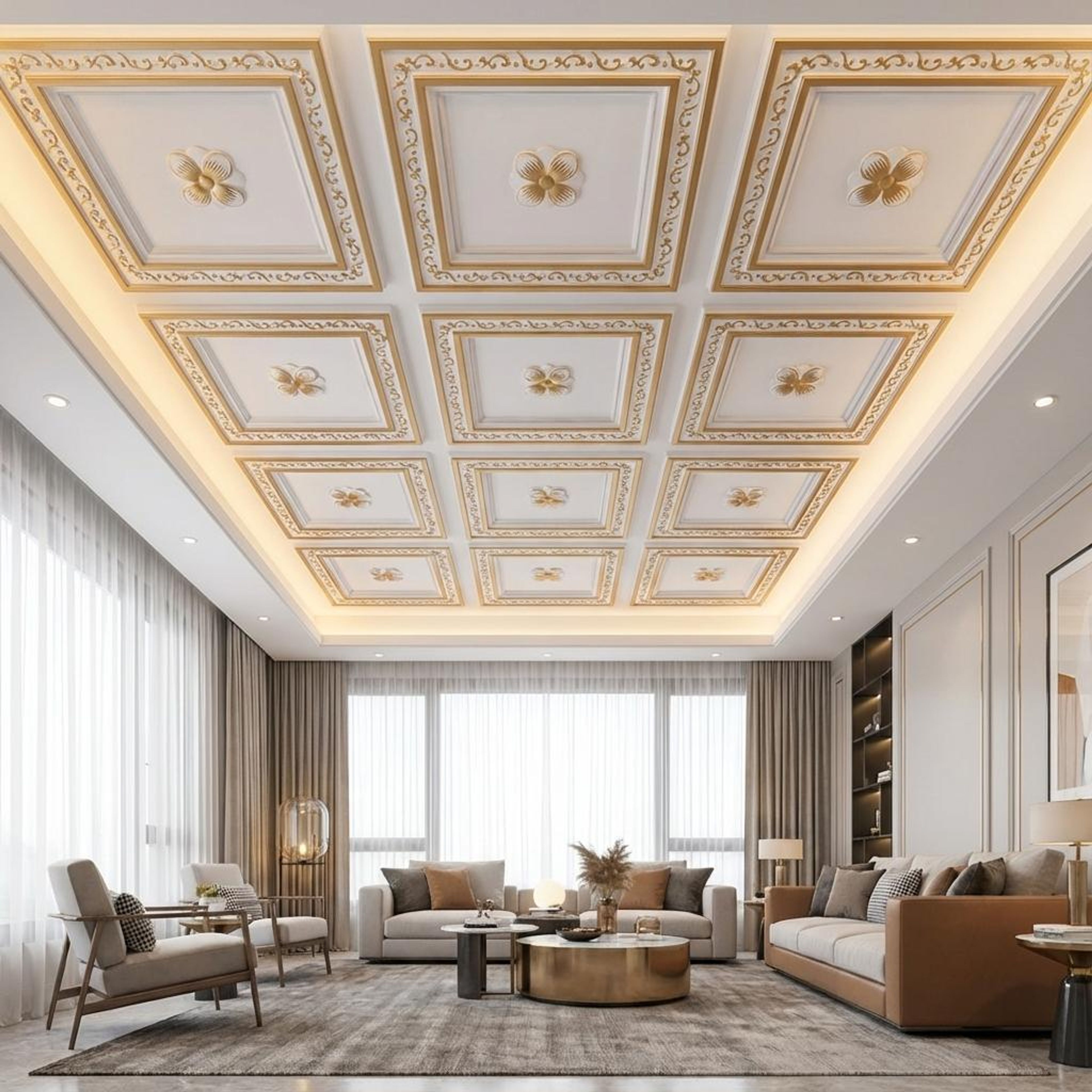 Weathered Antique White - Greek Geometric - White, Beige - Decorative Ceiling Panel - 2 ft x 2 ft