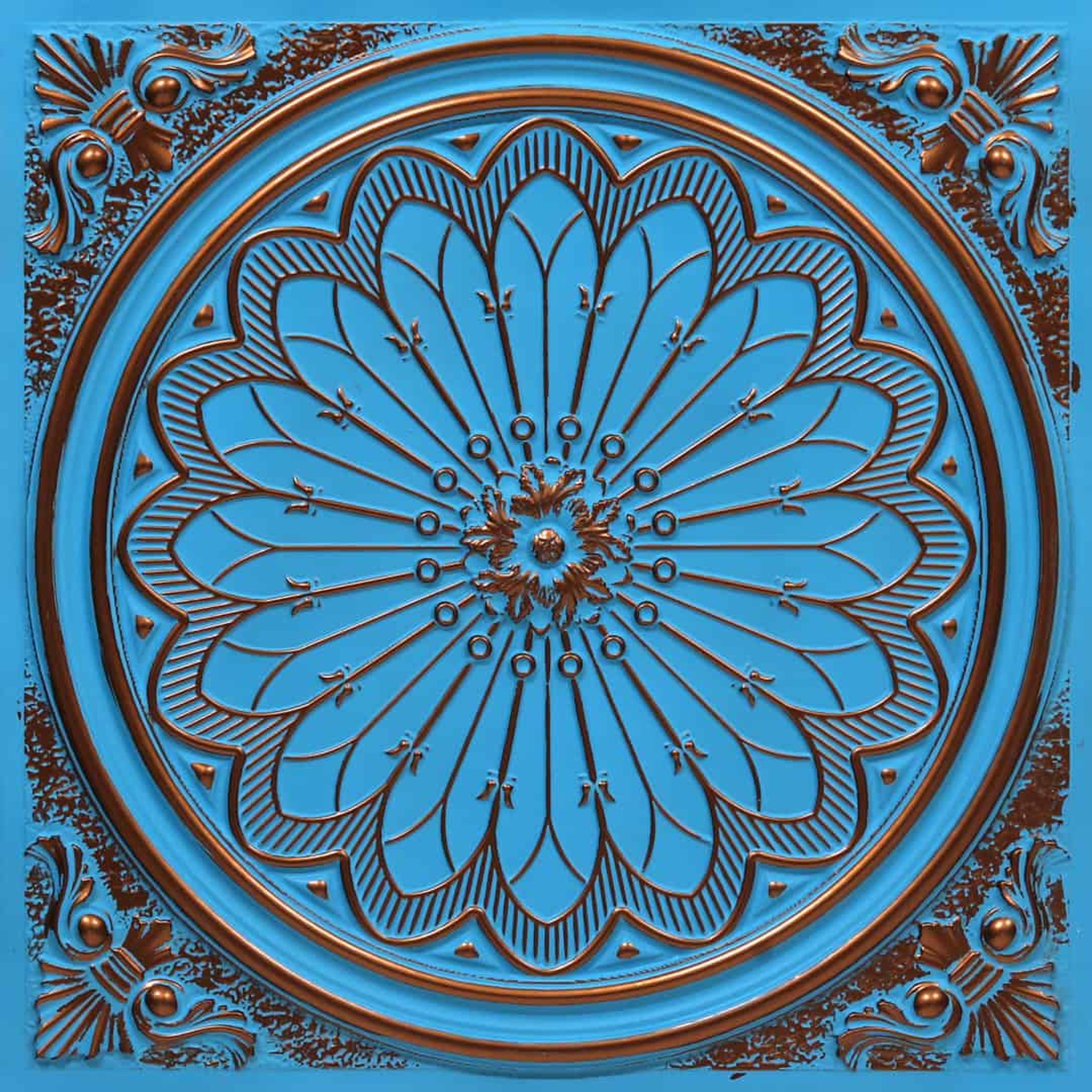 Refined Blue Curacao - Baali Botanical - Blue, Gold - Decorative Ceiling Panel - 2 ft x 2 ft