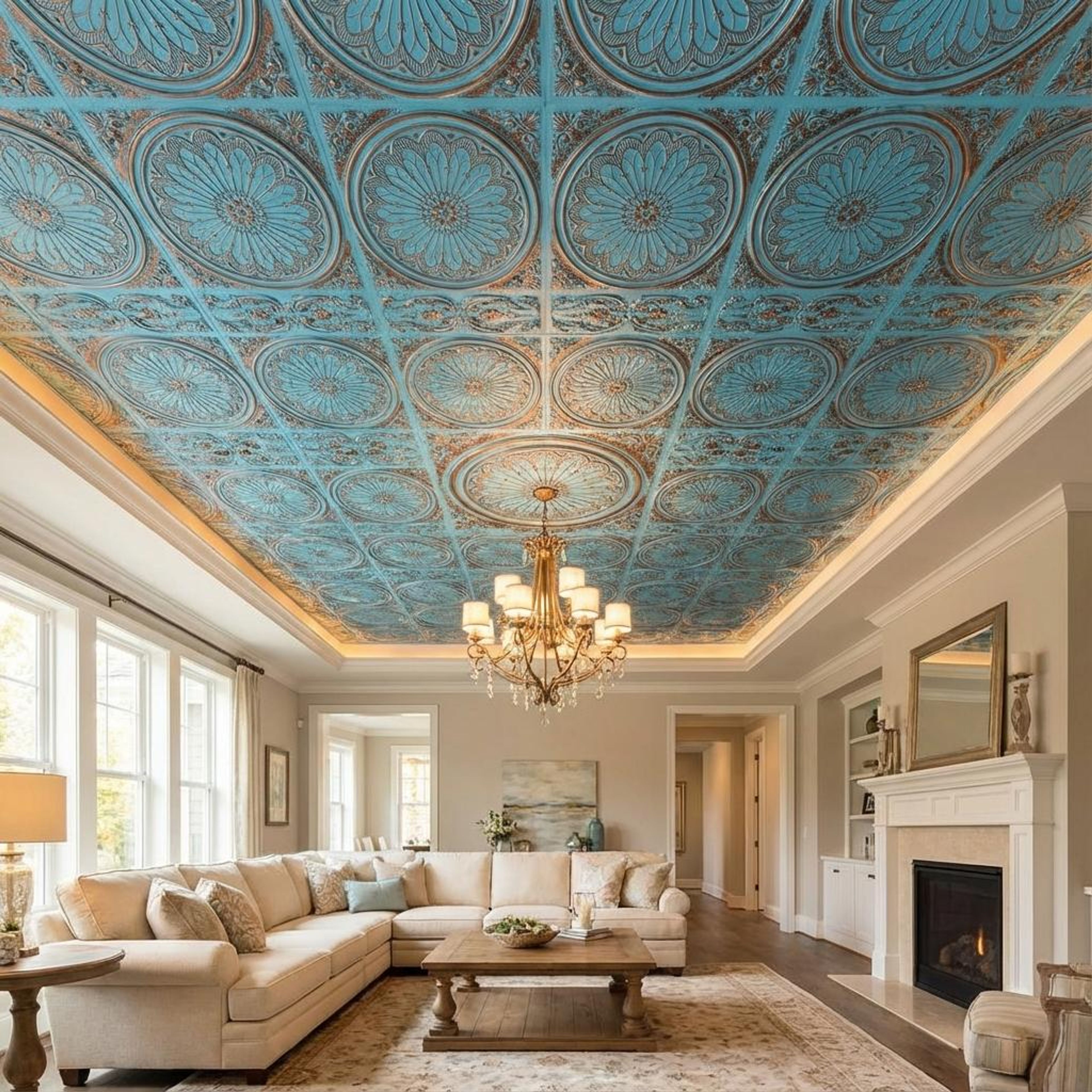 Refined Blue Curacao - Baali Botanical - Blue, Gold - Decorative Ceiling Panel - 2 ft x 2 ft