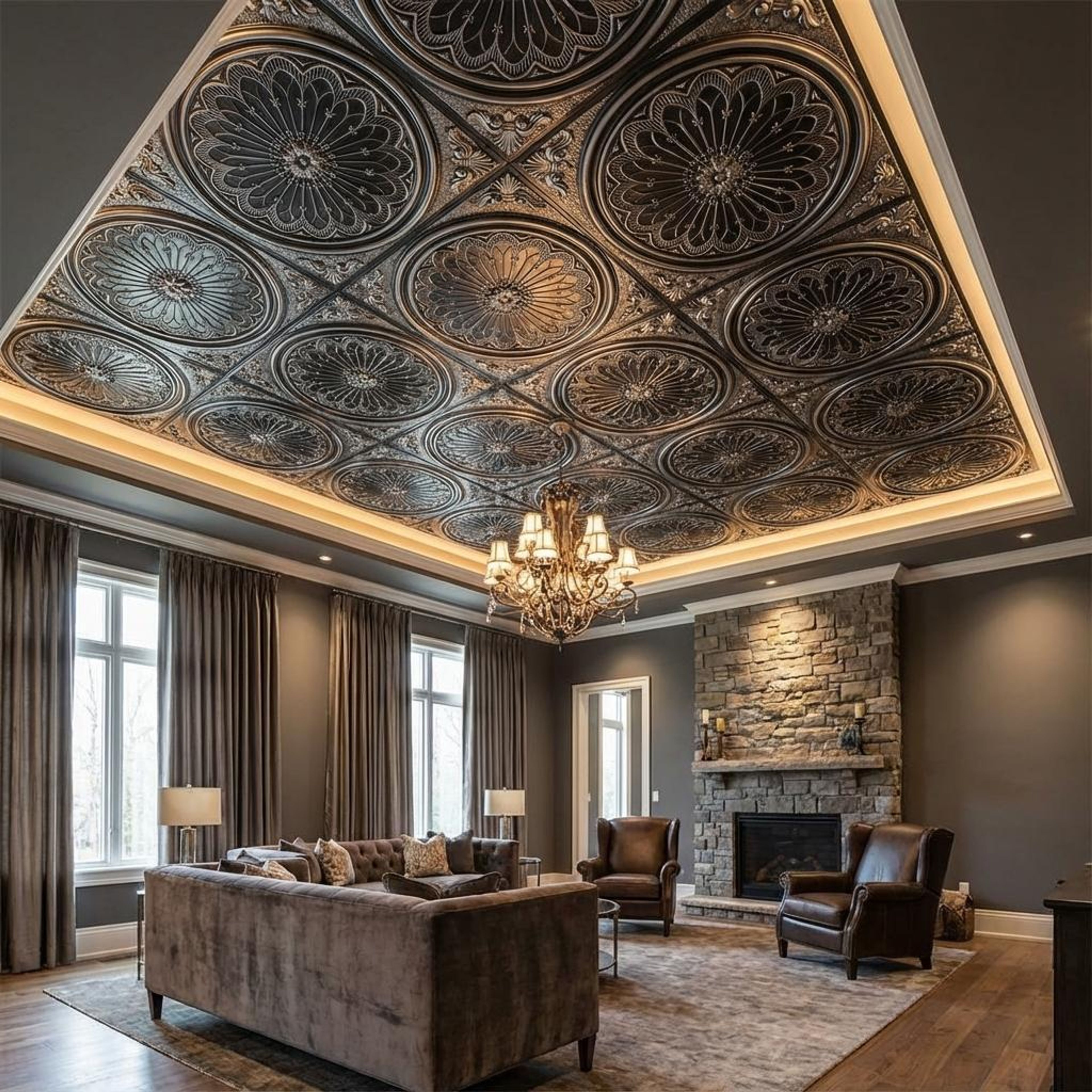 Rustic Antique Silver - Baali Botanical - Silver, Grey - Decorative Ceiling Panel - 2 ft x 2 ft