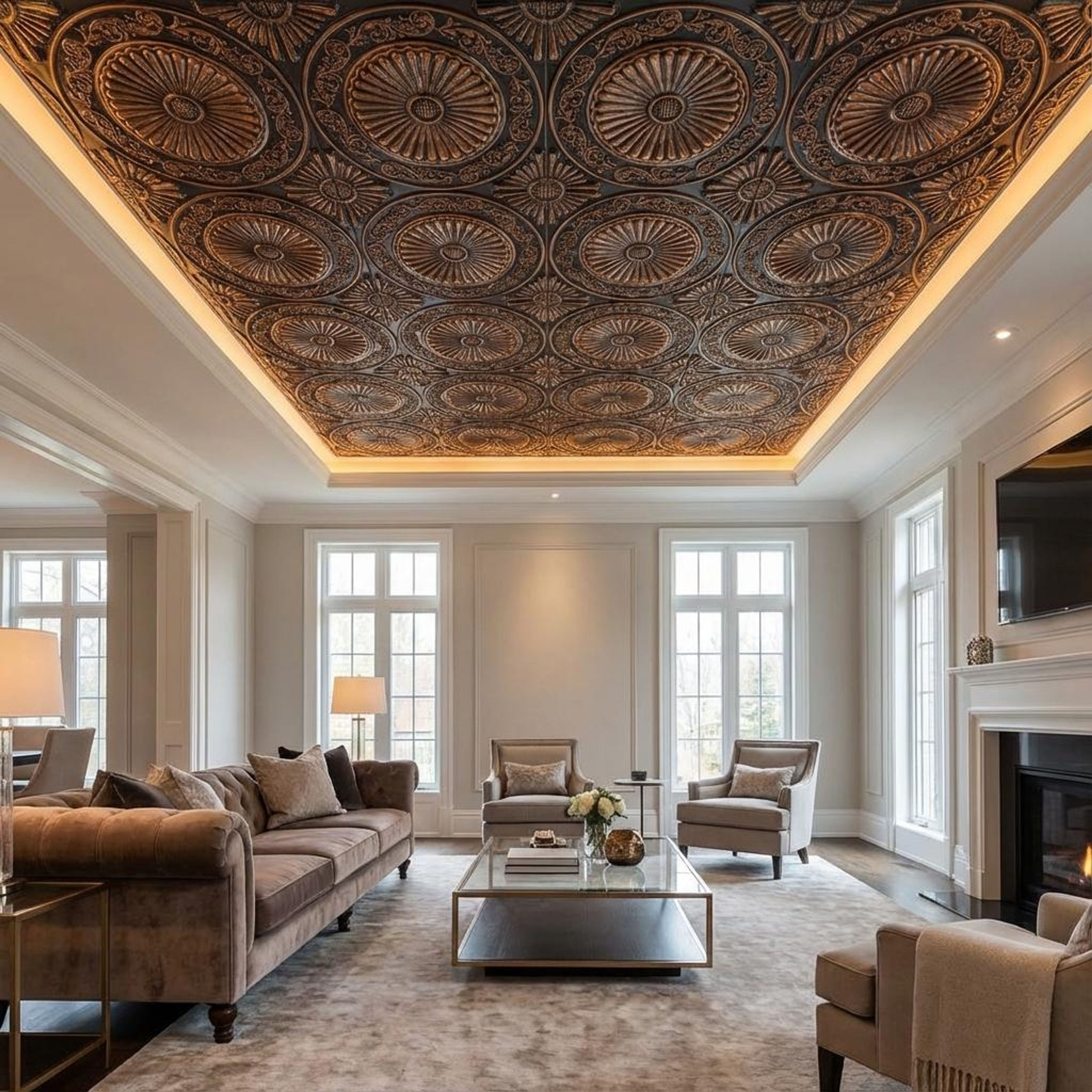 Tarnished Antique Copper - Persian Motifs - Copper, Bronze - Decorative Ceiling Panel - 2 ft x 2 ft