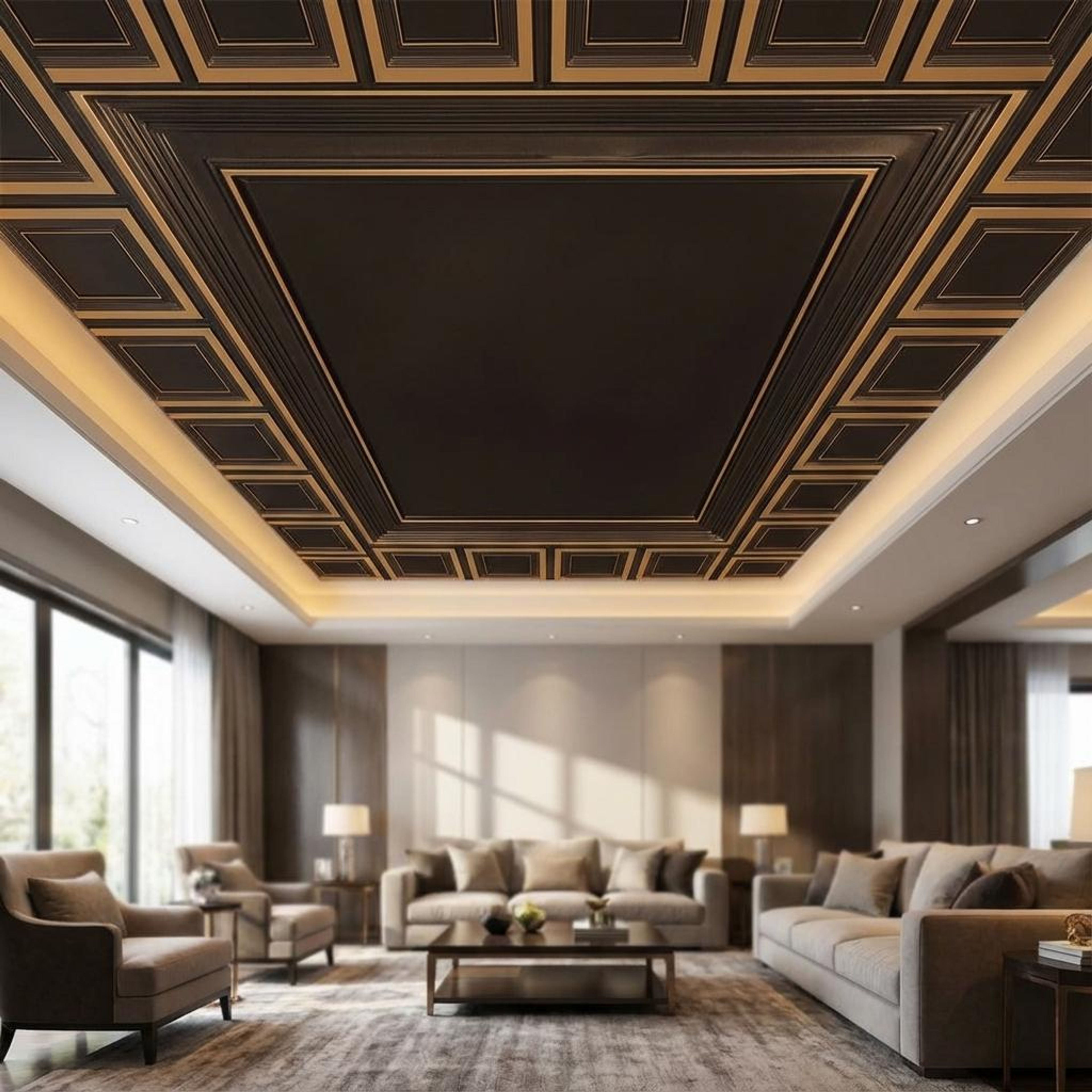 Luxurious Antique Gold - Greek Geometric - Gold, Brown - Decorative Ceiling Panel - 2 ft x 2 ft
