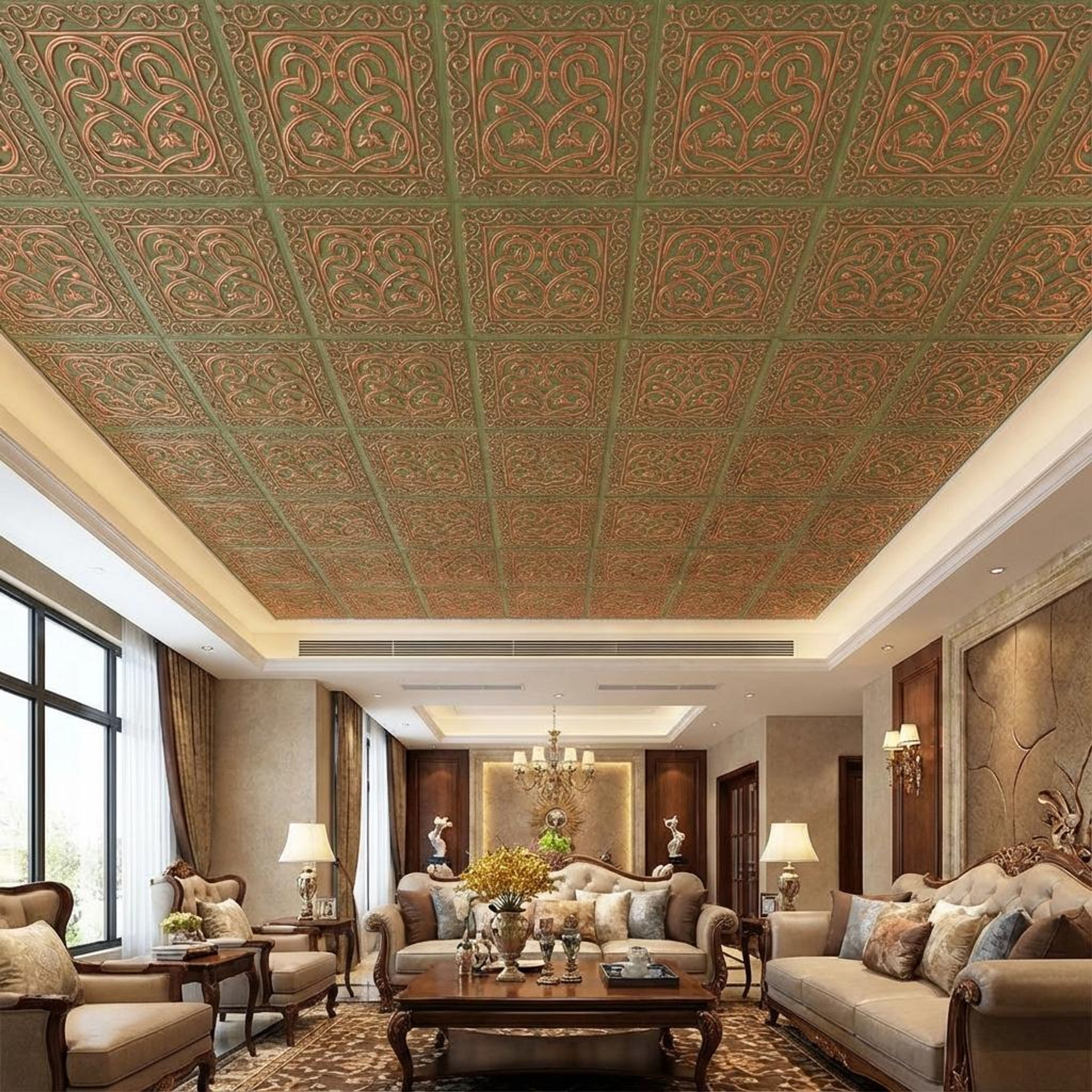 Forged Patina Copper - Persian Motifs - Copper, Bronze - Decorative Ceiling Panel - 2 ft x 2 ft