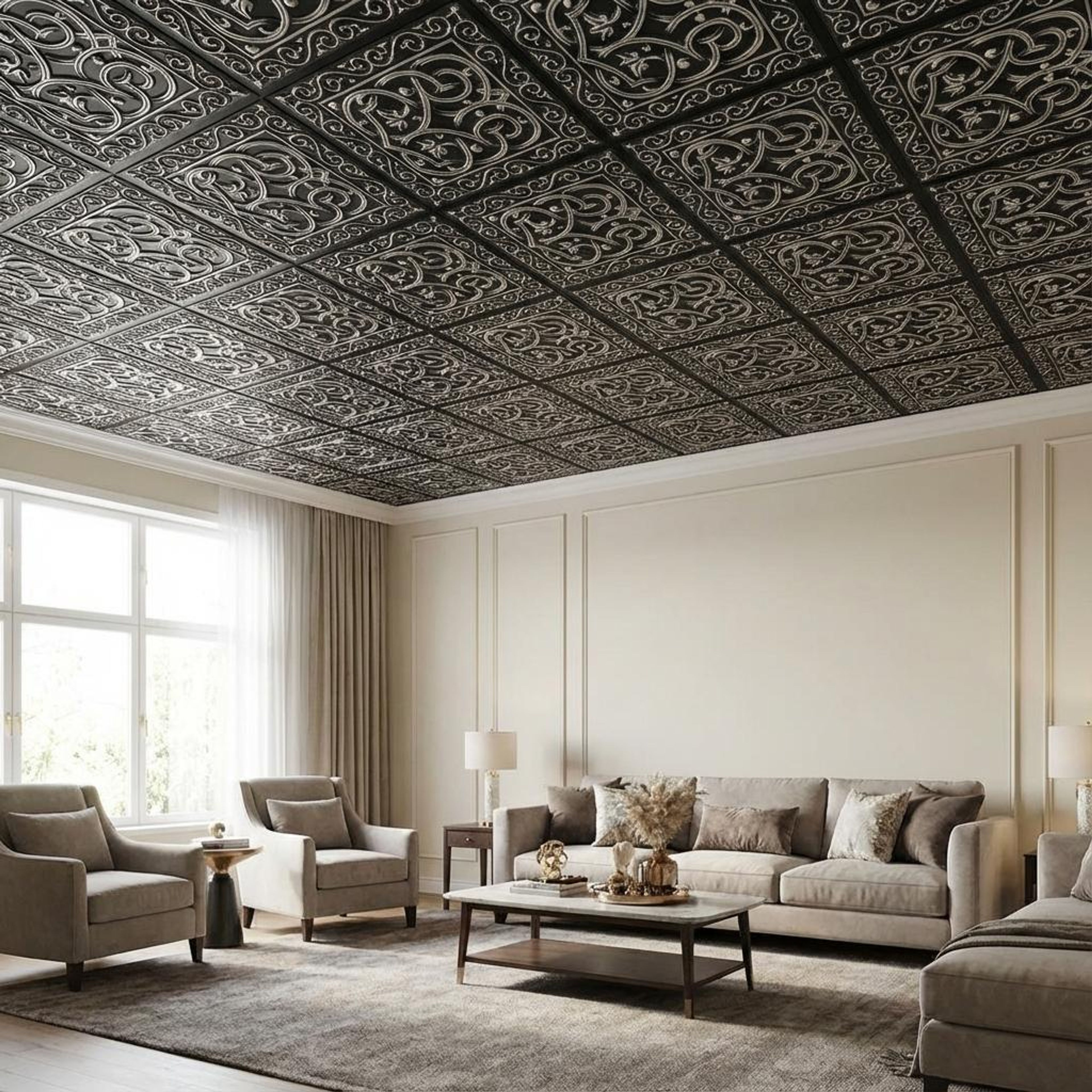 Gleam Antique Silver - Persian Motifs - Silver, Grey - Decorative Ceiling Panel - 2 ft x 2 ft