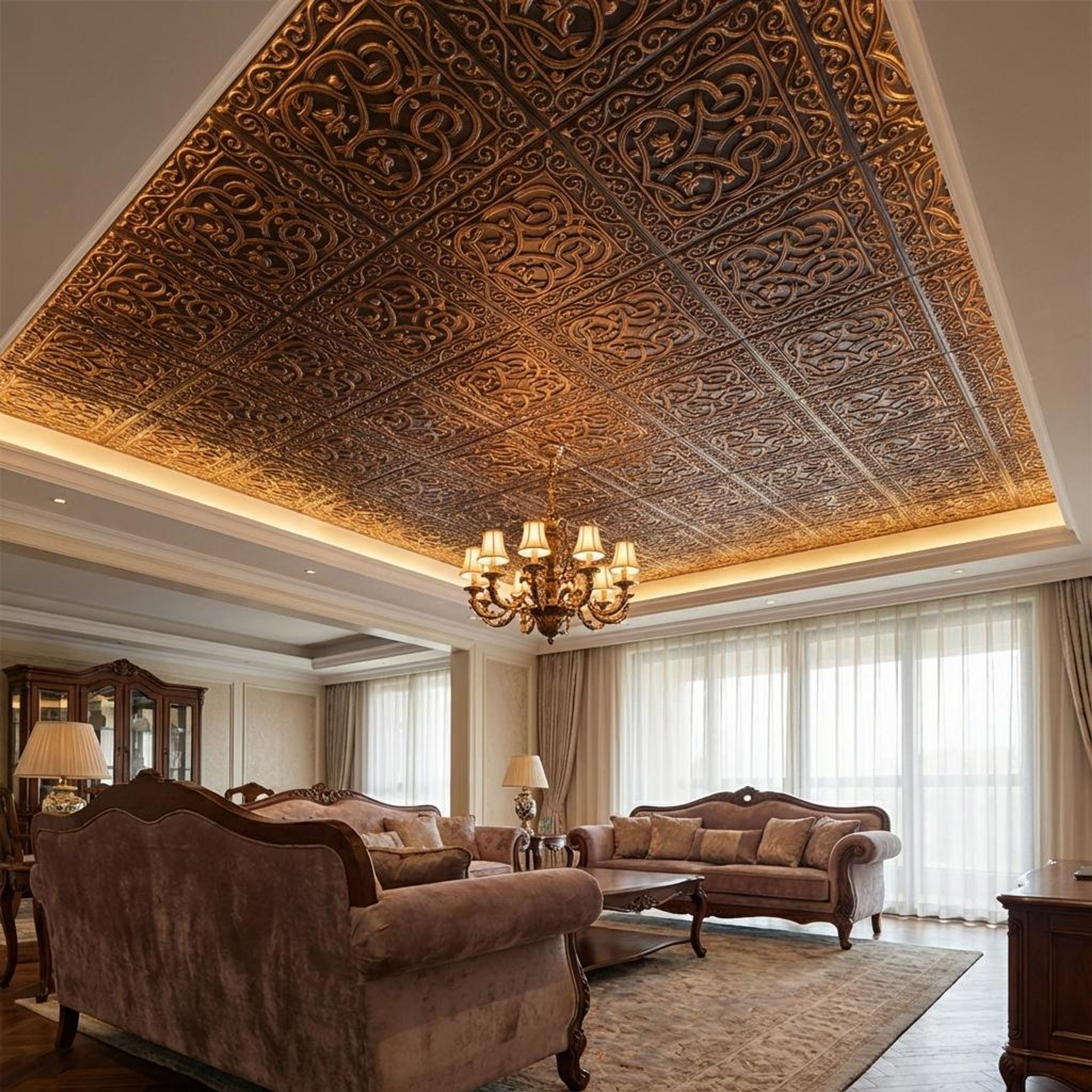 Bronze Antique Copper - Persian Motifs - Copper, Bronze - Decorative Ceiling Panel - 2 ft x 2 ft