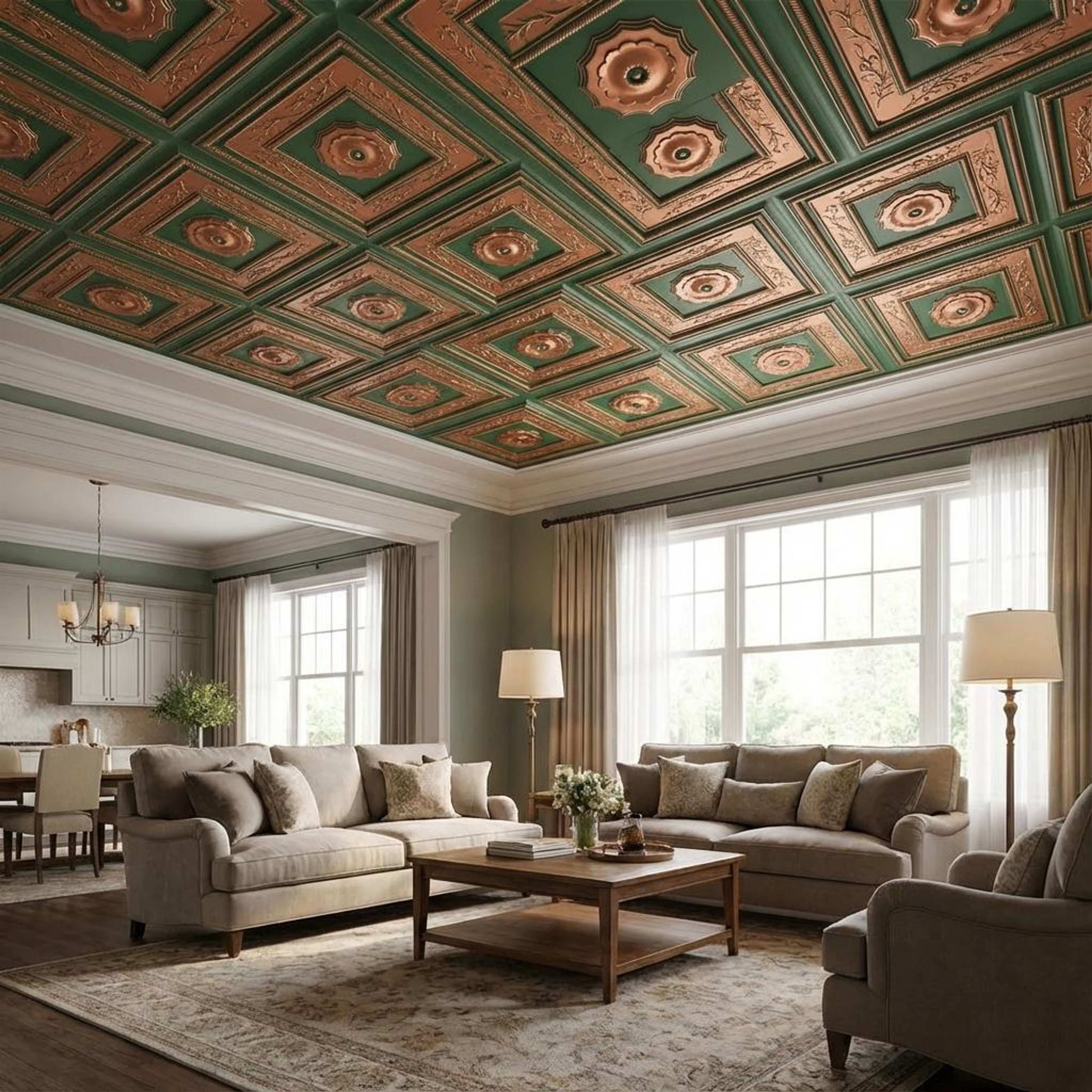 Shine Patina Deep And Dark - Baali Botanical - Green, Black - Decorative Ceiling Panel - 2 ft x 2 ft