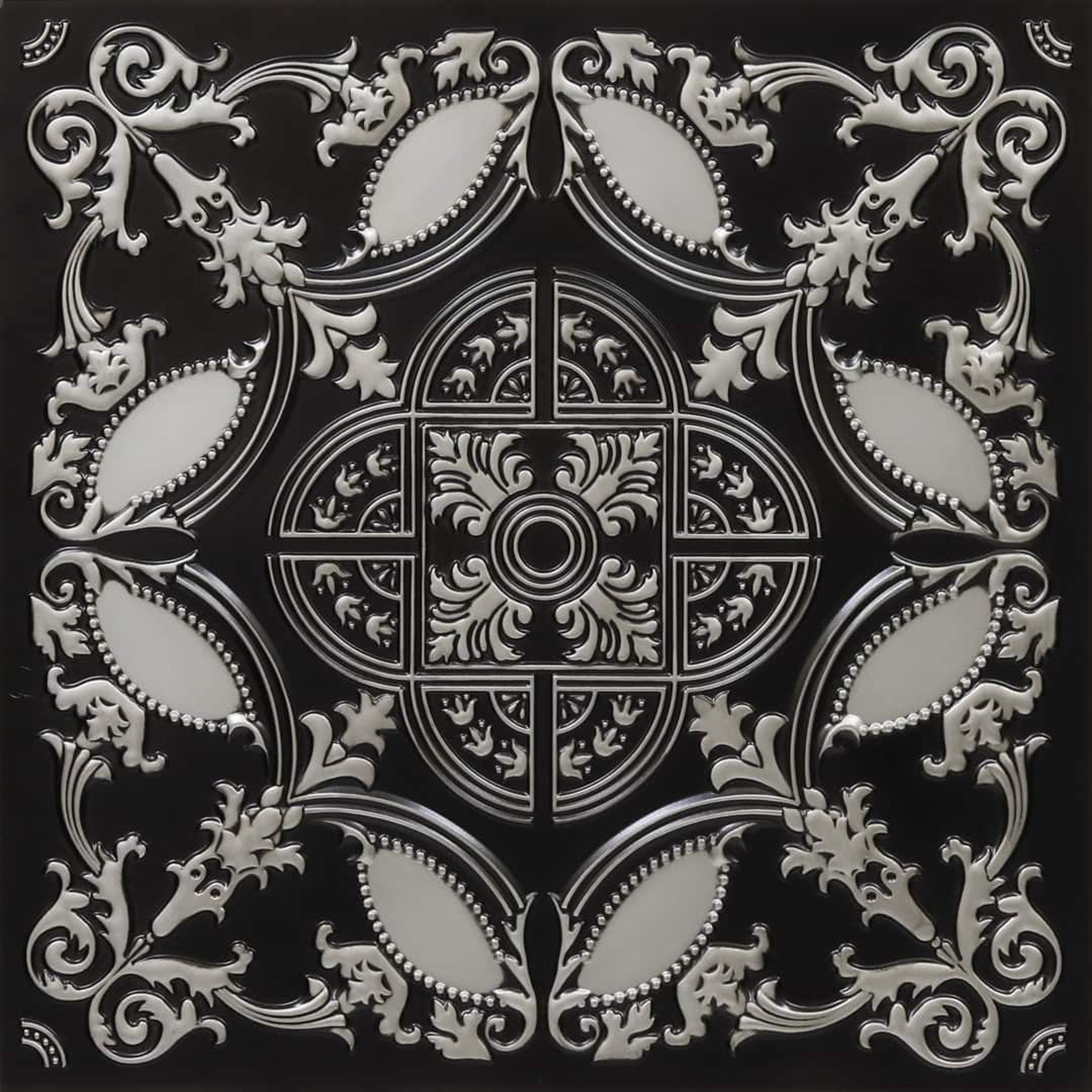 Shimmer Antique Silver - Persian Motifs - Silver, Grey - Decorative Ceiling Panel - 2 ft x 2 ft