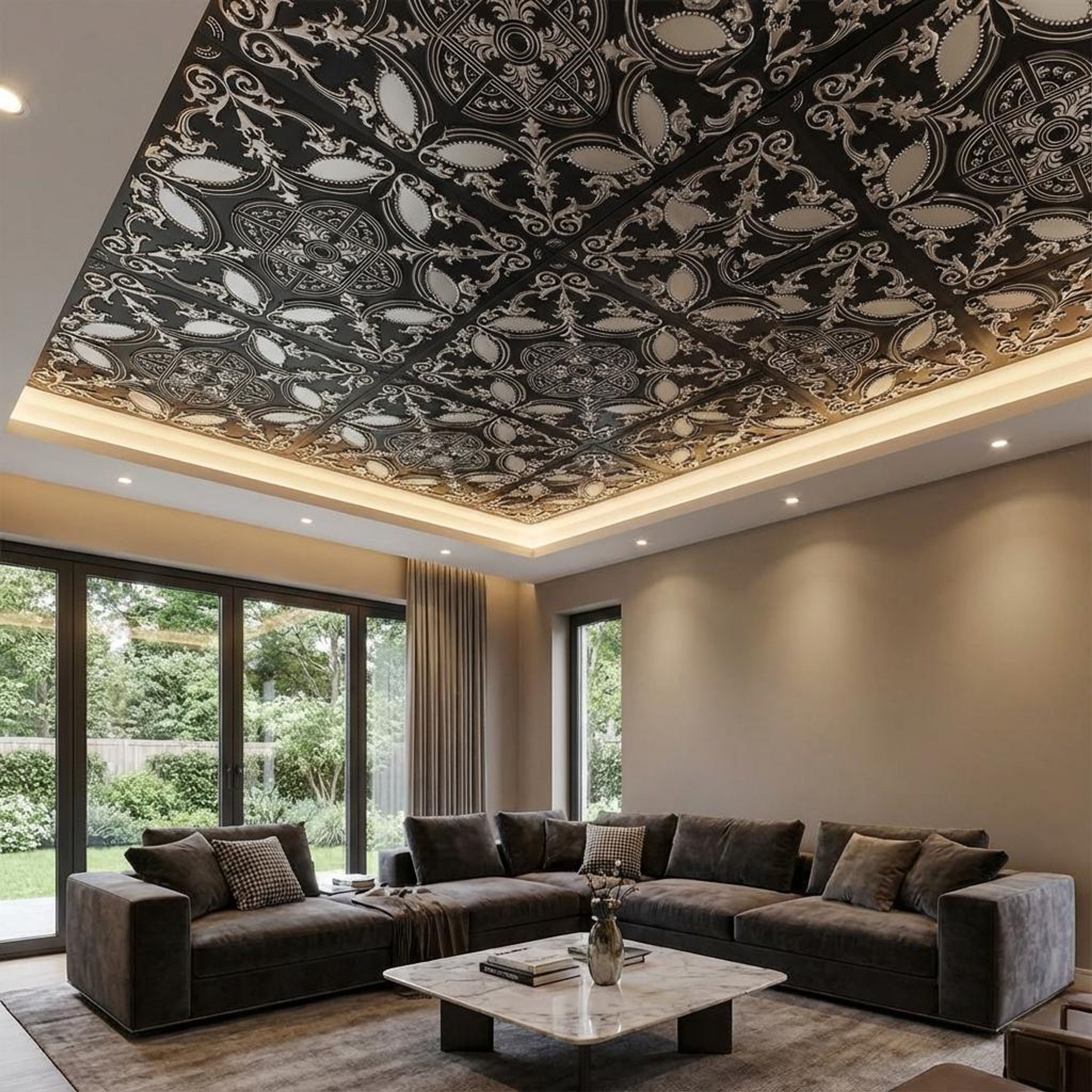 Shimmer Antique Silver - Persian Motifs - Silver, Grey - Decorative Ceiling Panel - 2 ft x 2 ft