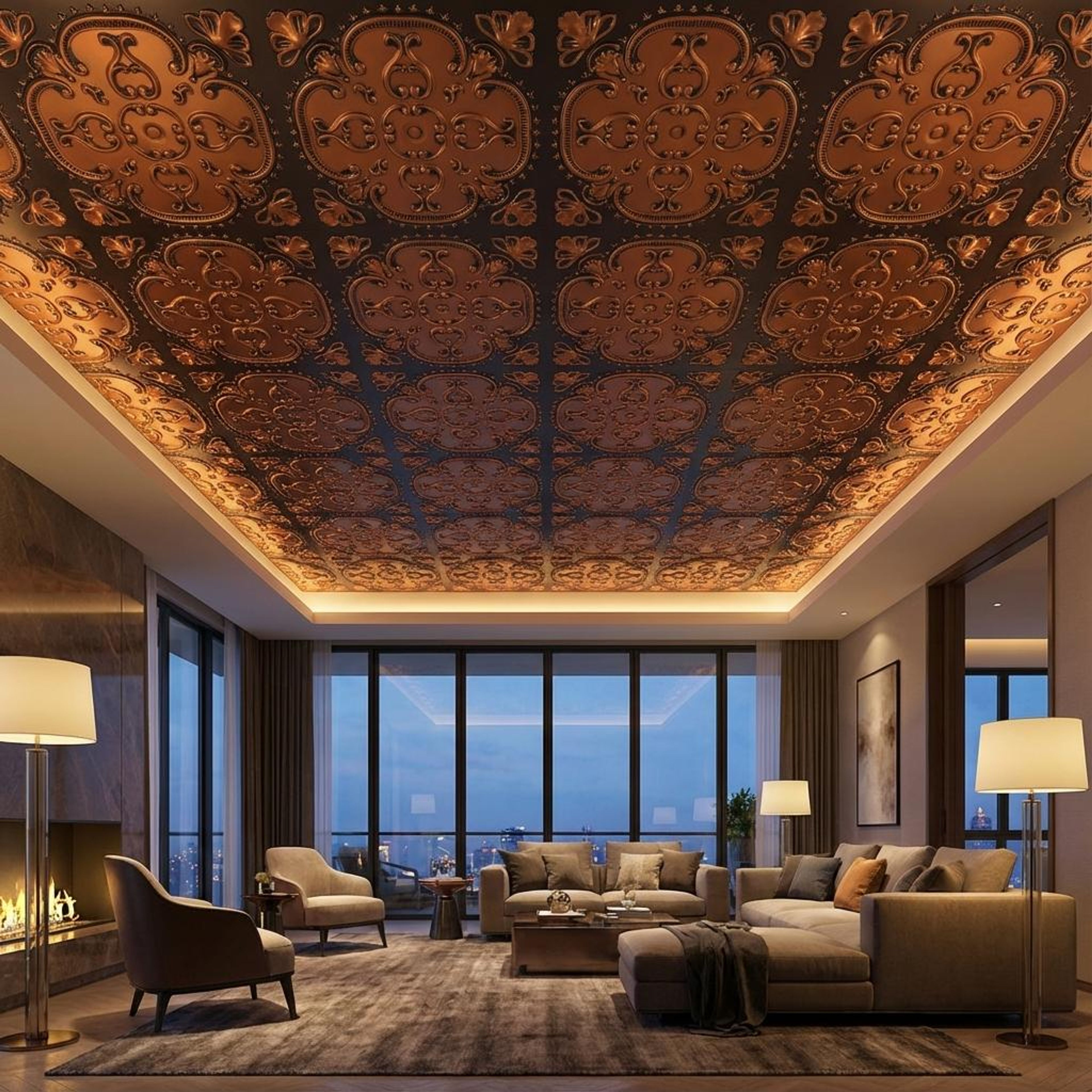 Traditional Antique Copper - Persian Motifs - Copper, Bronze - Decorative Ceiling Panel - 2 ft x 2 ft