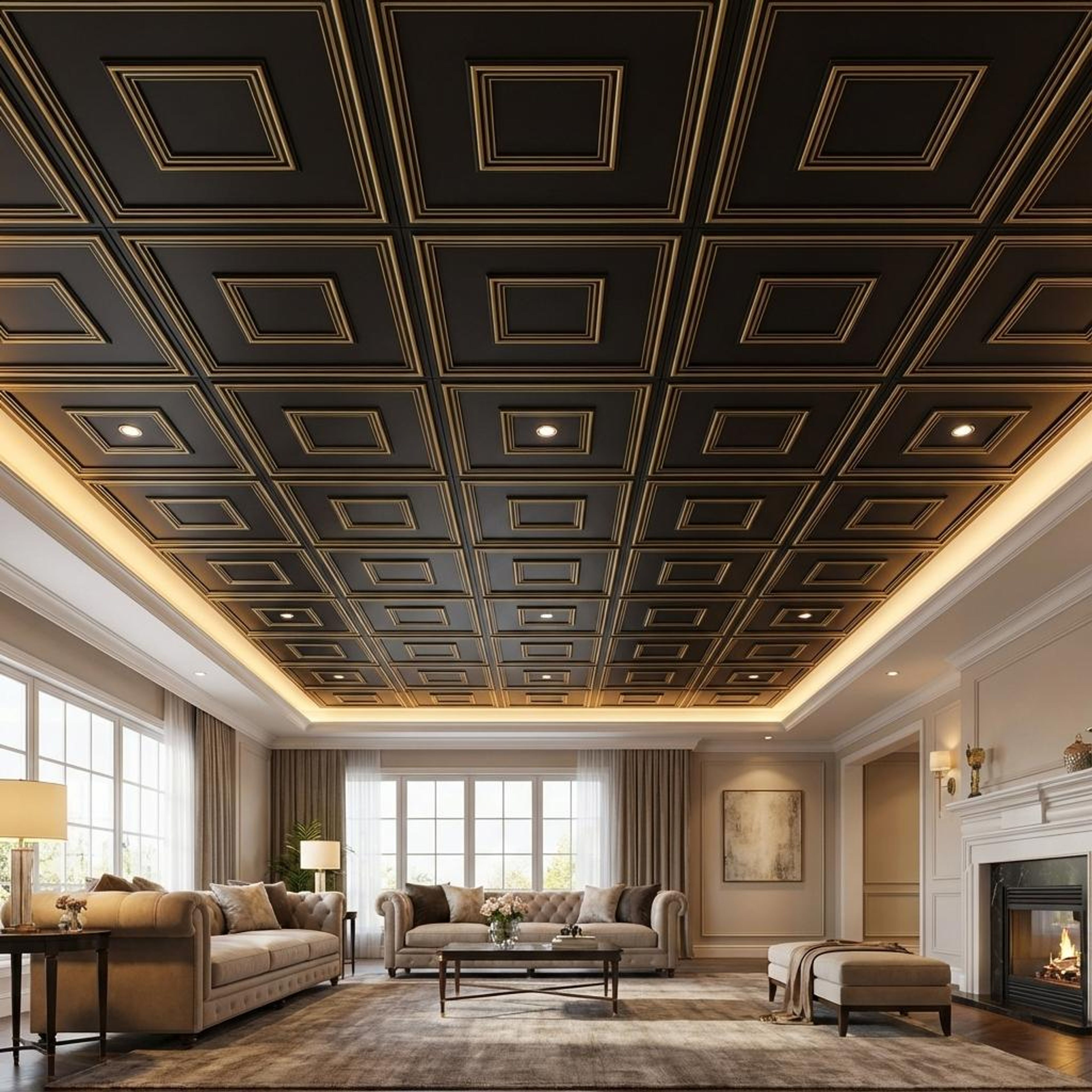 Sophisticated Antique Brass - Greek Geometric - Brass, Bronze - Decorative Ceiling Panel - 2 ft x 2 ft