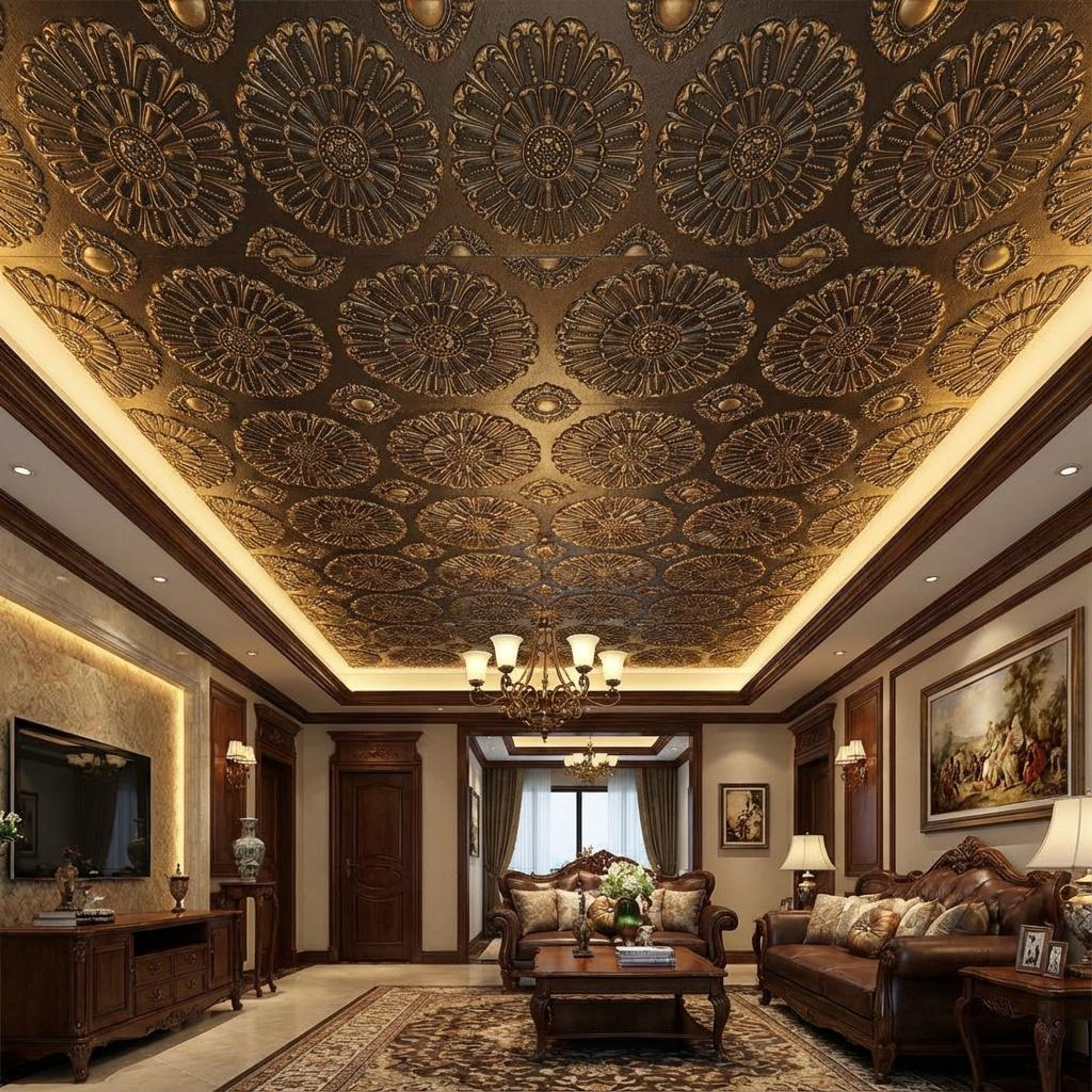 Rustic Antique Gold - Baali Botanical - Gold, Brown - Decorative Ceiling Panel - 2 ft x 2 ft