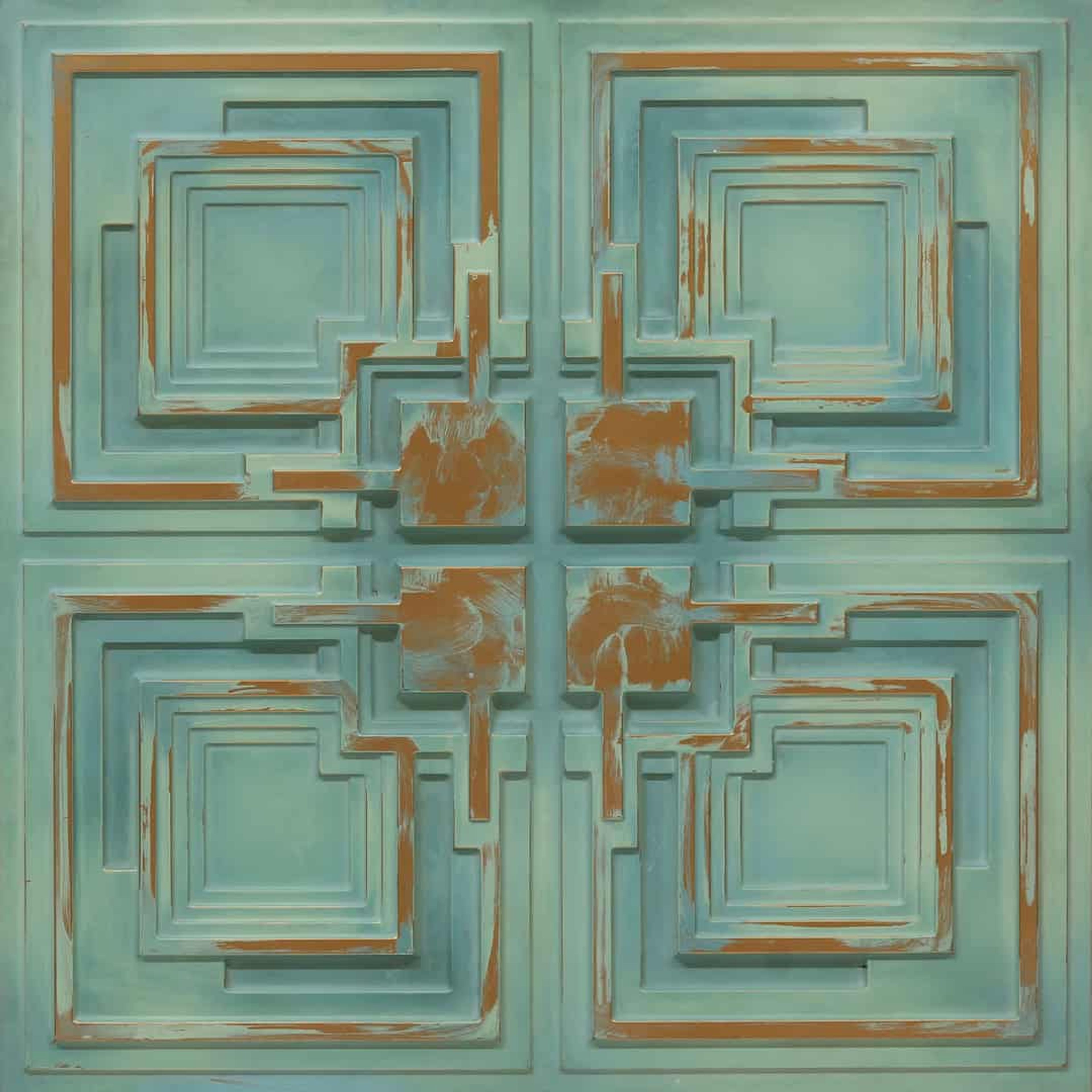 Vintage Tin Patina - Greek Geometric - Blue, Silver - Decorative Ceiling Panel - 2 ft x 2 ft